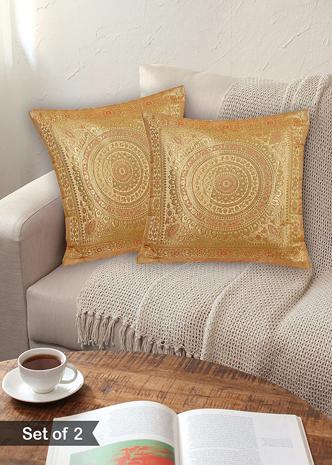 Premium Art Silk Banarasi Brocade Ethnic Cushion Covers Decorative for Sofa (Golden) Set of 2 (18"x18" & 45x45 cm)-image-38