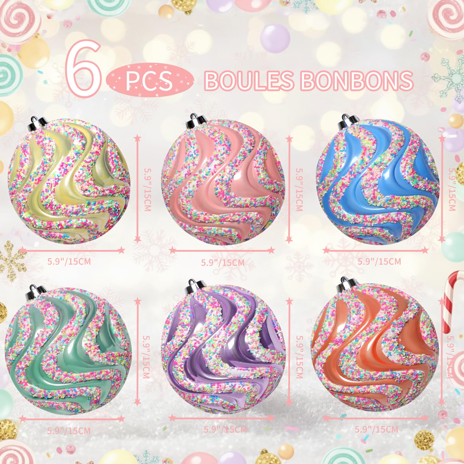 Lanpn 6 Pcs 15cm Grosse Boule de Noel Pastel Exterieur, Grande Boules Sapin Noël en Plastique, Boule Grande Incassables avec Fil Suspension, Décoration Bonbon de Arbre de Noël Jardin Pelouse Fêtes