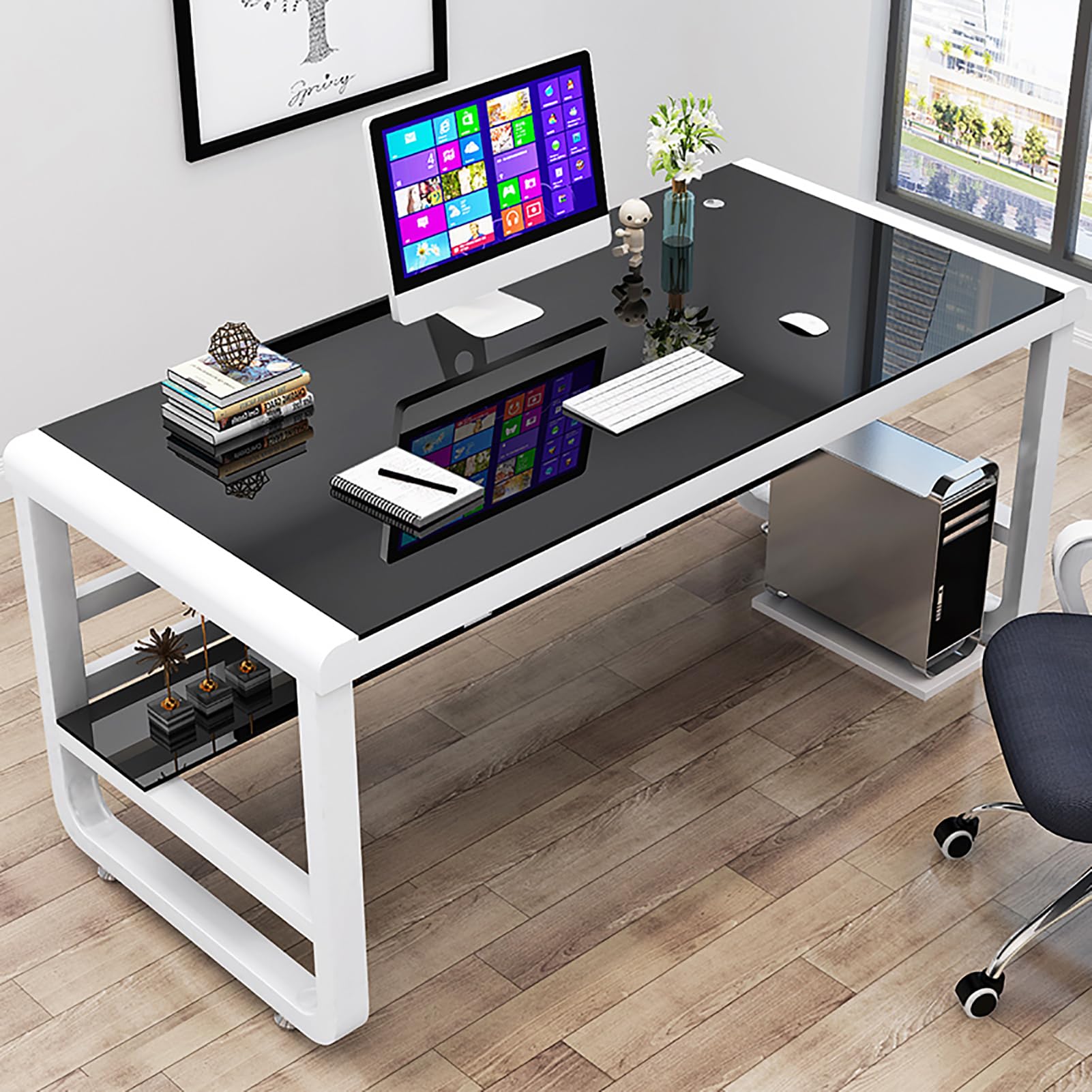 MESCXTY 31/39/47in Home Office Desks, Modern Computer Desk Sturdy Writing And Study with Tempered Glass and Metal Frame, Personal Gaming for Workstation(100x60x75cm(39x24x29inch), B+W)