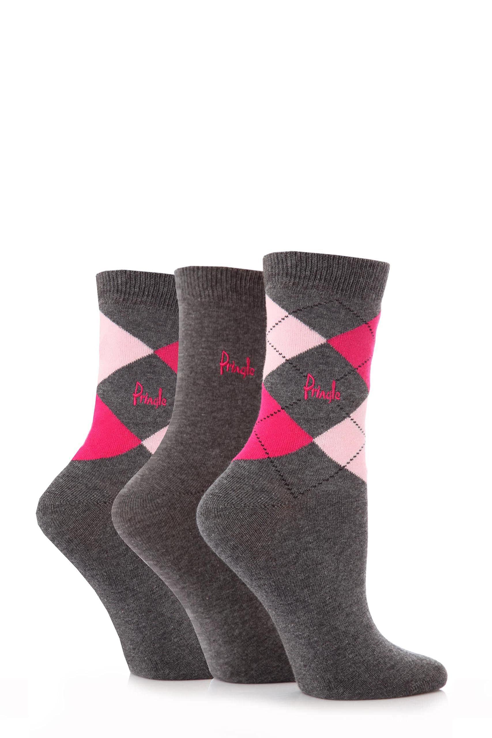 Pringle Ladies Argyle Cotton Socks Pack of 3 Charcoal/Pinks 4-8