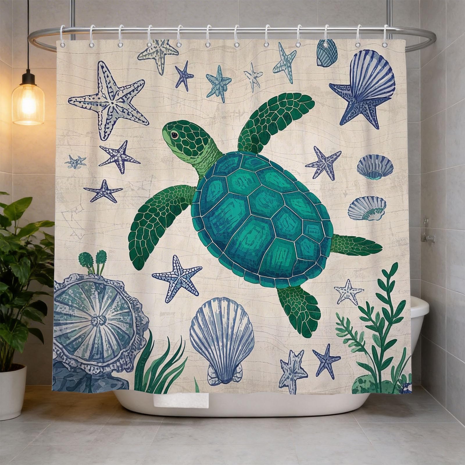 Hongduo 3D Sea Turtle Shower Curtain for Stalls Bathtubs Shell Bathroom Decor Shower Curtain Set Polyester Fabric Waterproof 200x200cm/79X79 Inch with Hooks