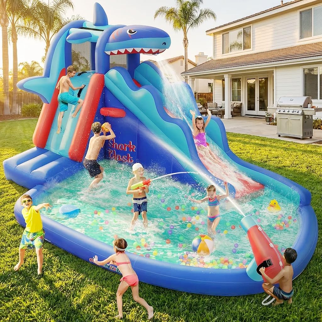 AKEYDIY Inflatable Water Slide Bounce House,Shark Water Bouncy House with Slide for Big Kids 3-12, Water Park Outdoor/Indoor Water Slide for Backyard Party with Climbing Wall&Long Slide&Splash Pool