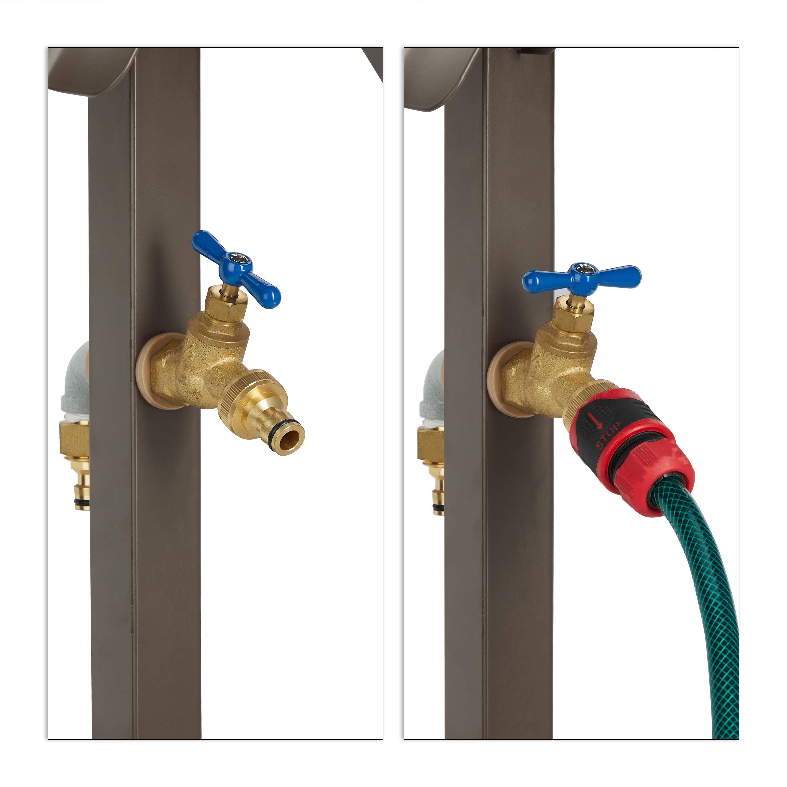 Relaxdays Porte-Tuyau d’arrosage avec Robinet, 2 adaptateurs 1/2" Inclus, Acier, Colonne d’Eau, 107,5 cm de Haut, Brun