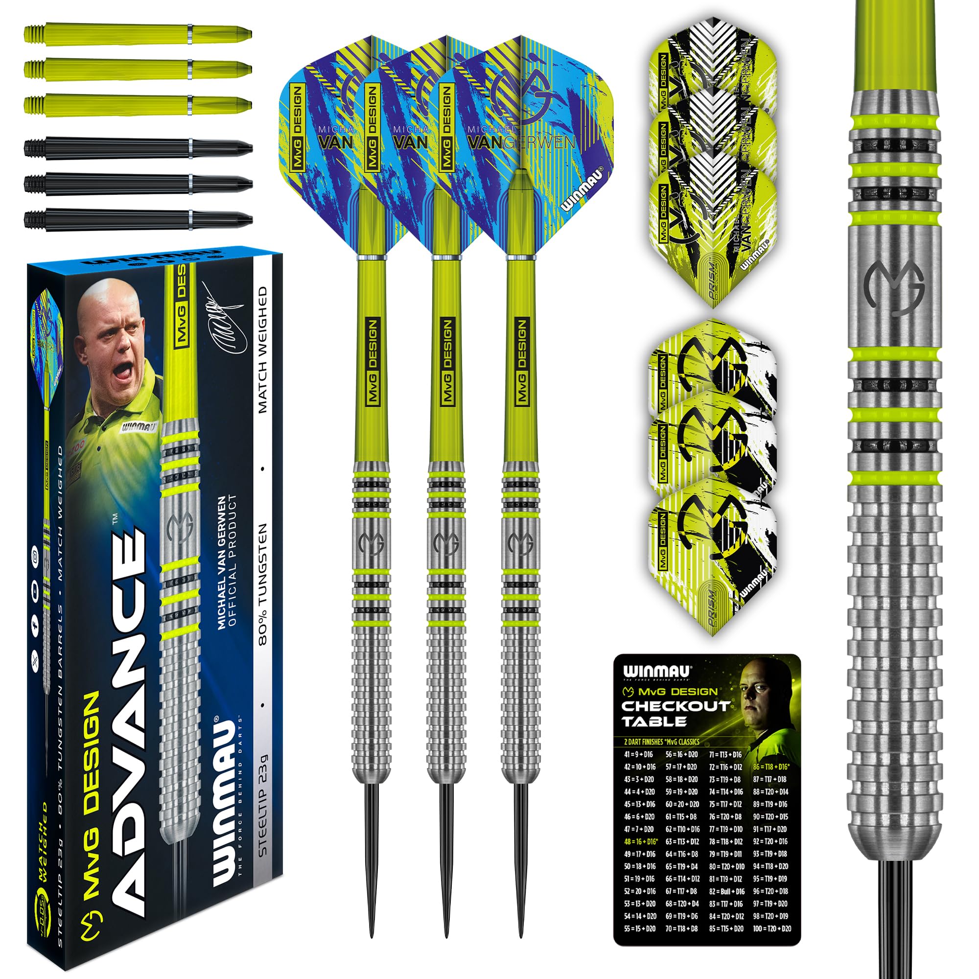 WINMAU – Michael Van Gerwen MvG Advance – 23 g, 80% Tungstène, Fléchettes Professionnelles avec Vols de Fléchettes et Tiges (Tiges)