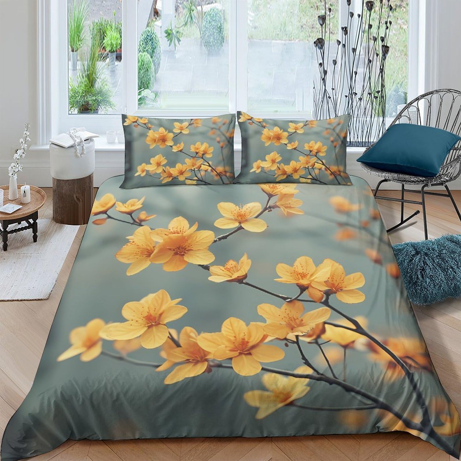 Ctjqhvkz Style-4 3D Printed Yellow Magnolia Fitted Sheet Microfiber Soft Anti-Slip Green Floral Mattress Cover For Bedroom Guest Room Single（135X200cm）