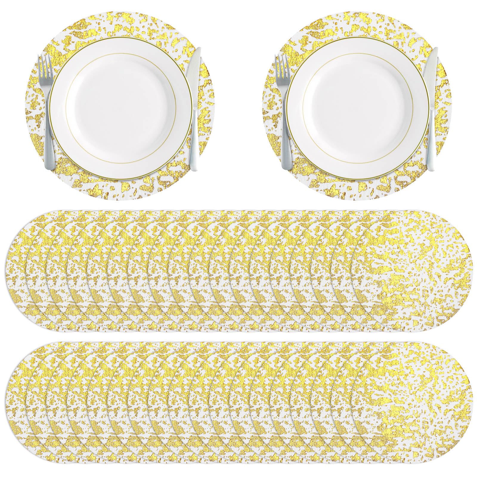 72 manteles individuales desechables de lámina dorada de 13 pulgadas, redondos, de malla prensada, manteles individuales con purpurina para decoración de mesa de comedor, manteles individuales de
