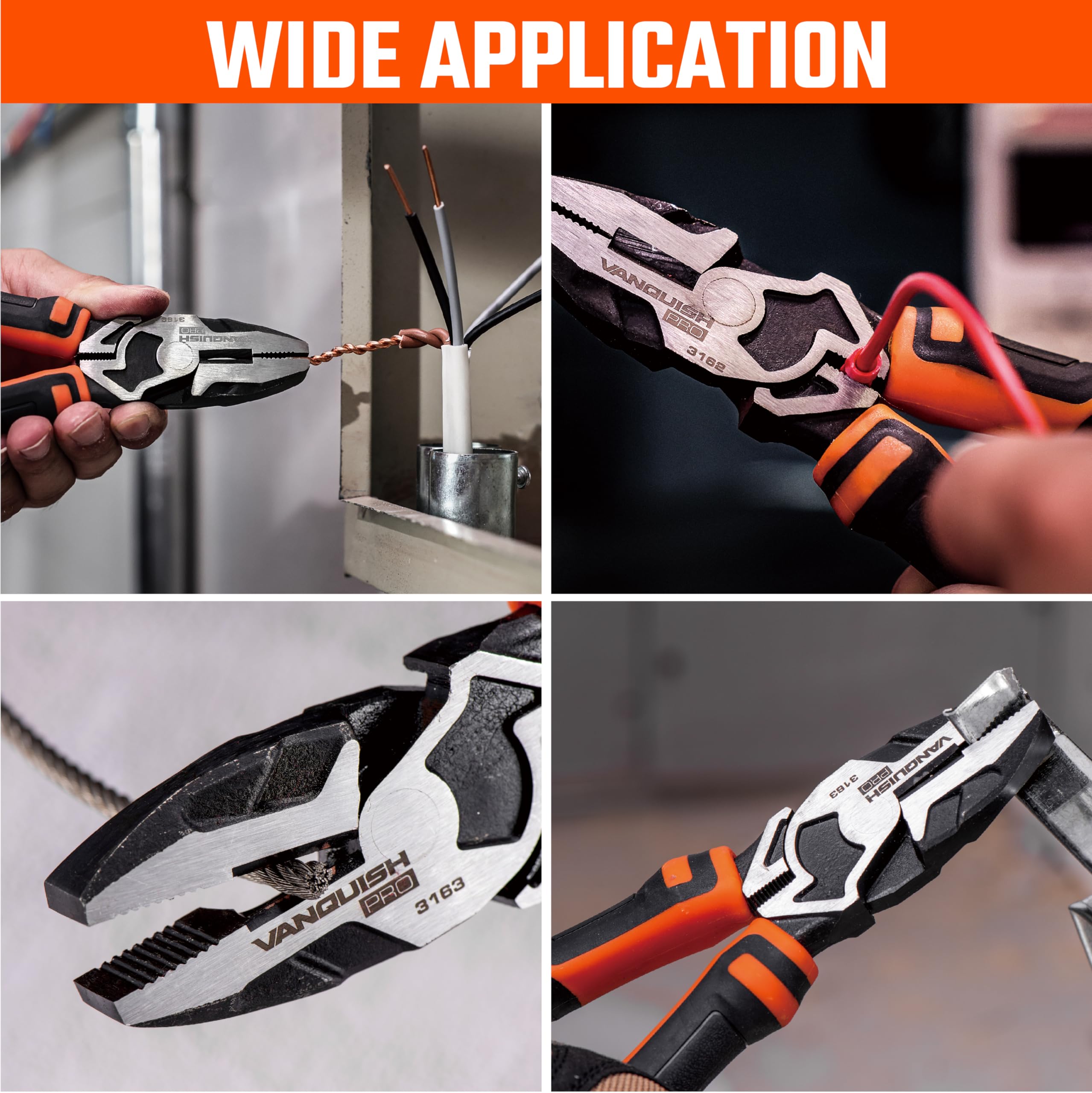 VANQUISH 7 Inch Lineman's Pliers – High-Leverage Design With Side Cutter, CR-V Steel, Ergonomic Tri-Color TPR Handle (Model 3162)