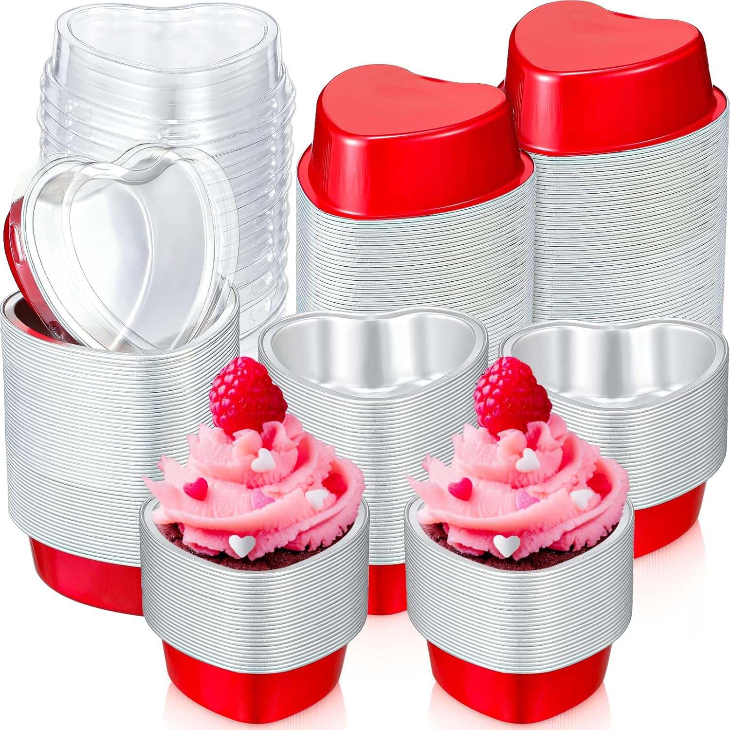 200 Pieces Red Heart Shaped Cake Pans with Lids 3.4 Ounces
