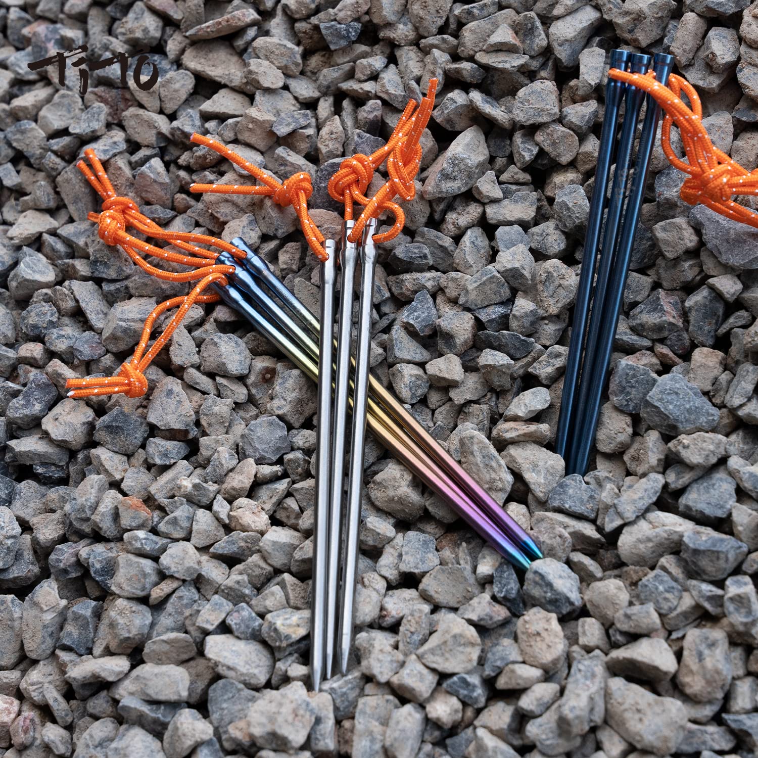 TiTo Titanium Zeltheringe Heringe Sandheringe,Ultralight Heavy Duty Titan Legierung Zelt Stakes Pegs mit Bändchen und Aufbewahrungsbeutel für Garten Nägel Camping Angeln Wanderunge(Titan 6*165-6pcs)