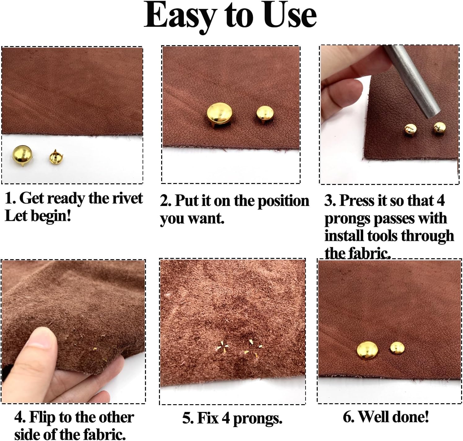 Honigo 400pcs Nailheads Round Dome Studs Rivets Mixed Color Metal Solid Brass 6mm 4 Prongs Spikes Spots for Leather Craft Clothes Belt Bag Shoes Decorations Totes DIY Craft Gold Silver Gun Bronze