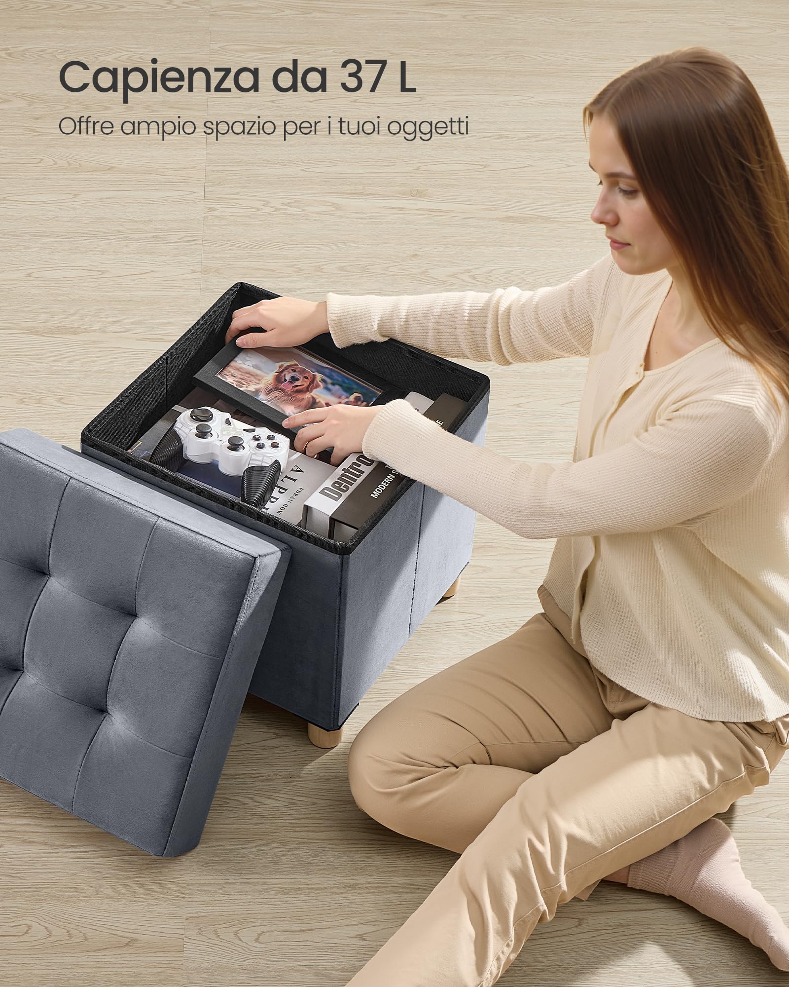 SONGMICS Pouf Contenitore, Cassapanca Pieghevole, 38 x 38 x 40 cm, Sgabello Poggiapiedi, 37 L, Superficie in Velluto, per Camera da Letto Soggiorno, Grigio Ardesia LSF0516G01