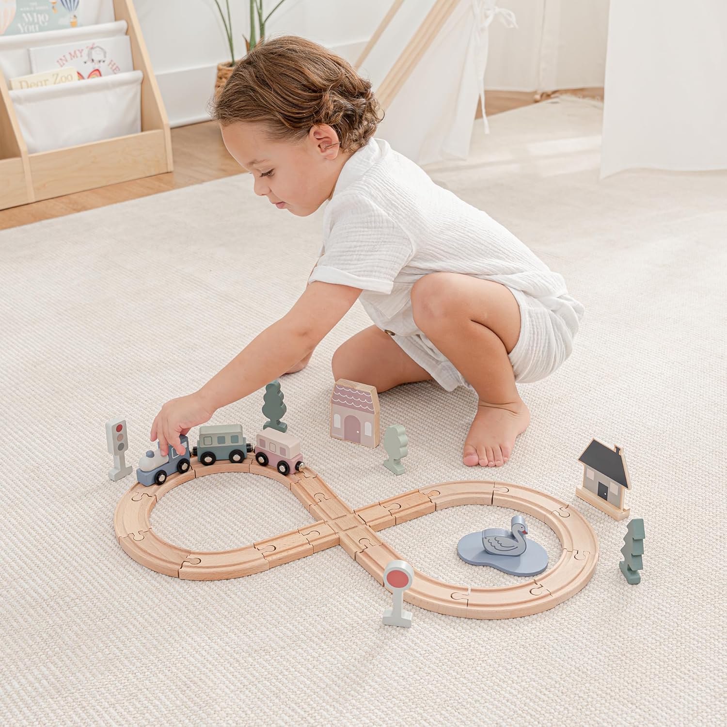 Comfy Cubs 30-Piece Wooden Train Set for Toddlers Ages 1+, Fun & Eco Friendly Toddler Train Set with Wooden Toy Tracks - Creative Toy Town Promoting Imaginative Play with Flexible Configuration - Image 2