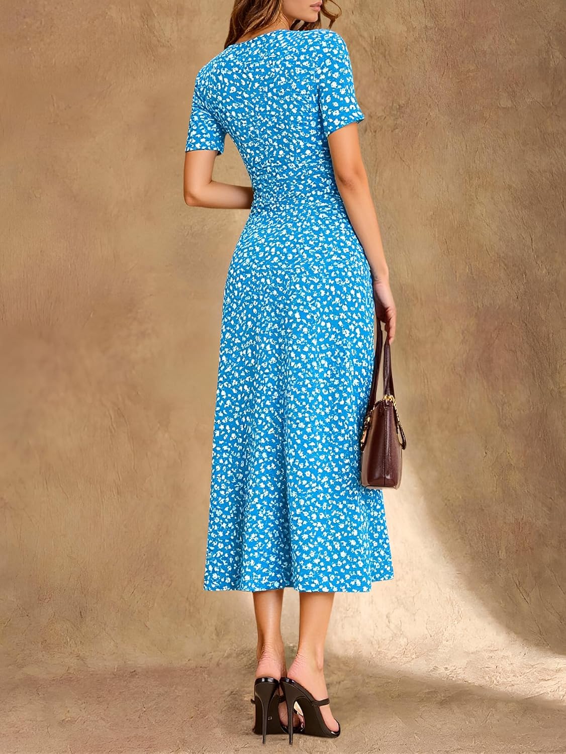 Women's Floral Print Wrap V Neck Dress Short Sleeve Flared A Line Flowy Maxi Dresses