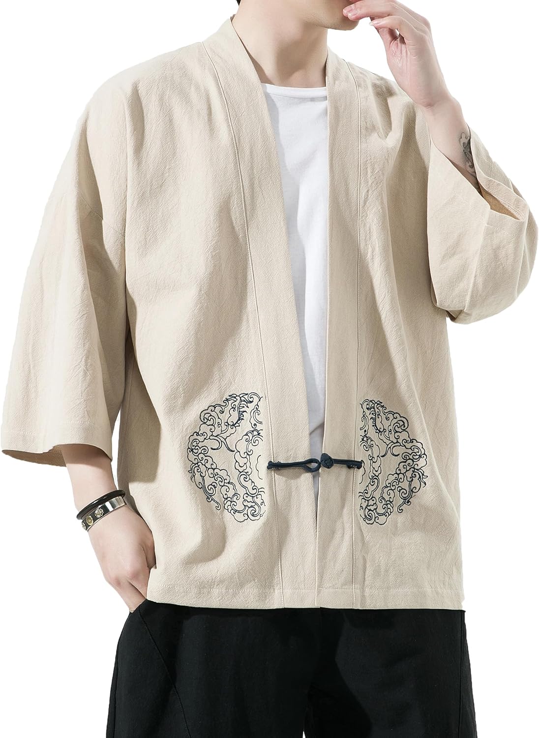 PRIJOUHE Men's Kimono Jackets Cardigan Casual Cotton Blends Linen Seven Sleeve Open Front Embroidery Coat - Image 4