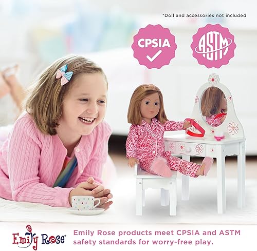 Miniatura 6 de Emily Rose Muebles de muñecas de 18 pulgadas, juego de tocador de madera rosa y blanco con silla de almacenamiento y cajón, colección floral,