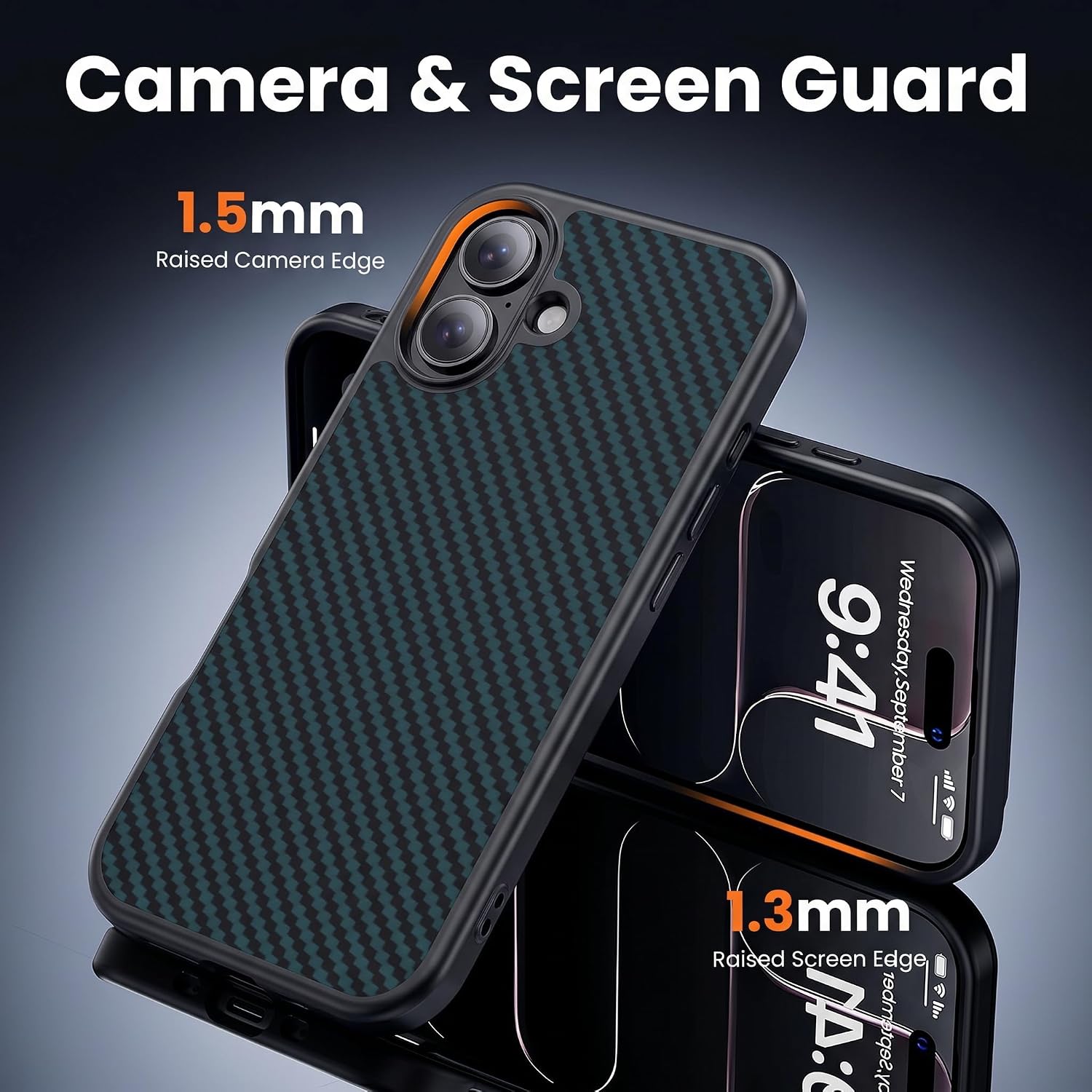  3 in 1 for iPhone 16 Case Carbon Fiber Black&Blue(Twill) | Fits MagSafe, Screen Protector*1 Camera Lens Protector*1,Smooth Shockproof, Cover Military-Grade Protection thumbnail