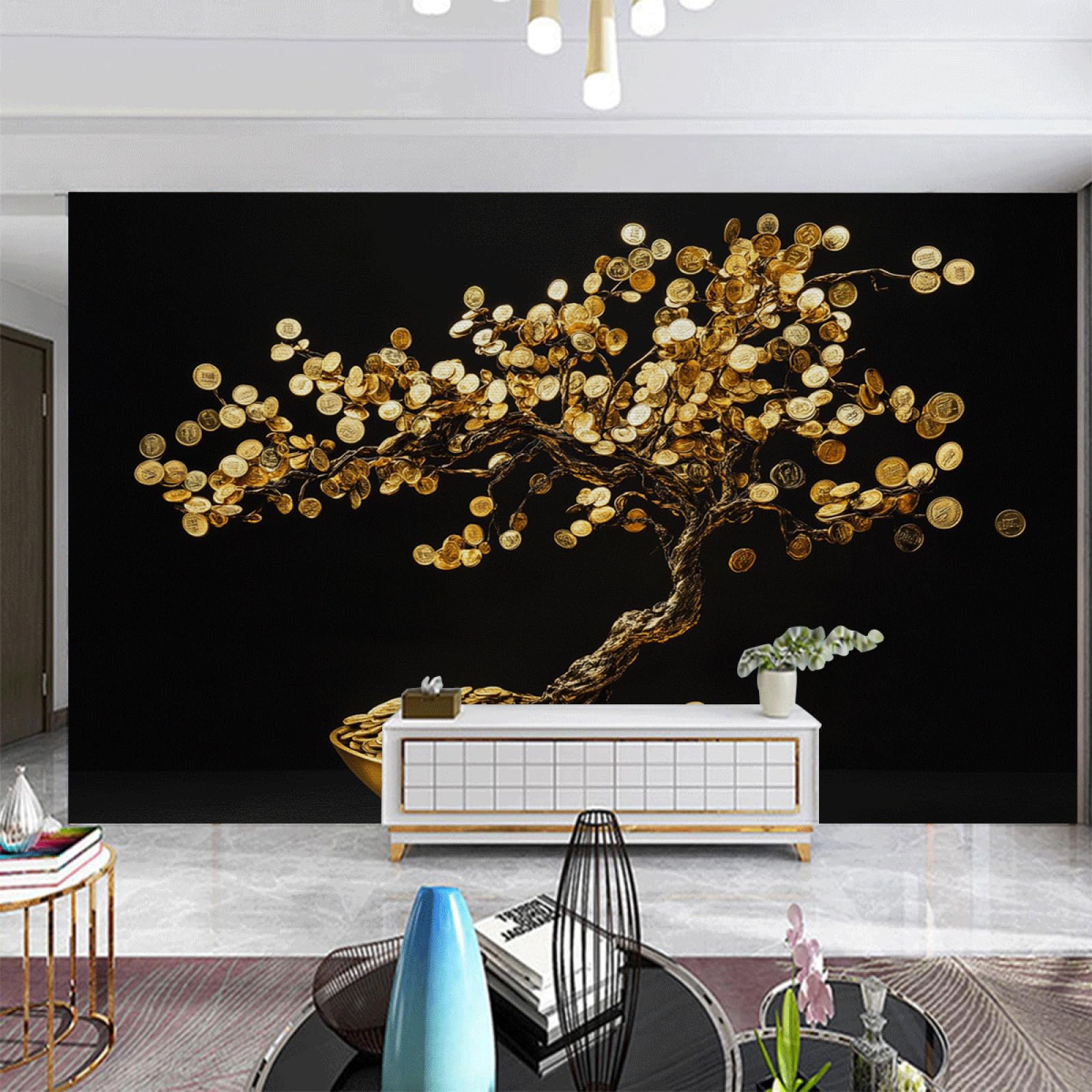 Papel Pintado Pared DormitorioÁrbol Dorado Papel para Pared Removible sin Pegamento Decoración Mural para Salón Oficina Habitación Infantil Fácil de Instalar 400x240cm