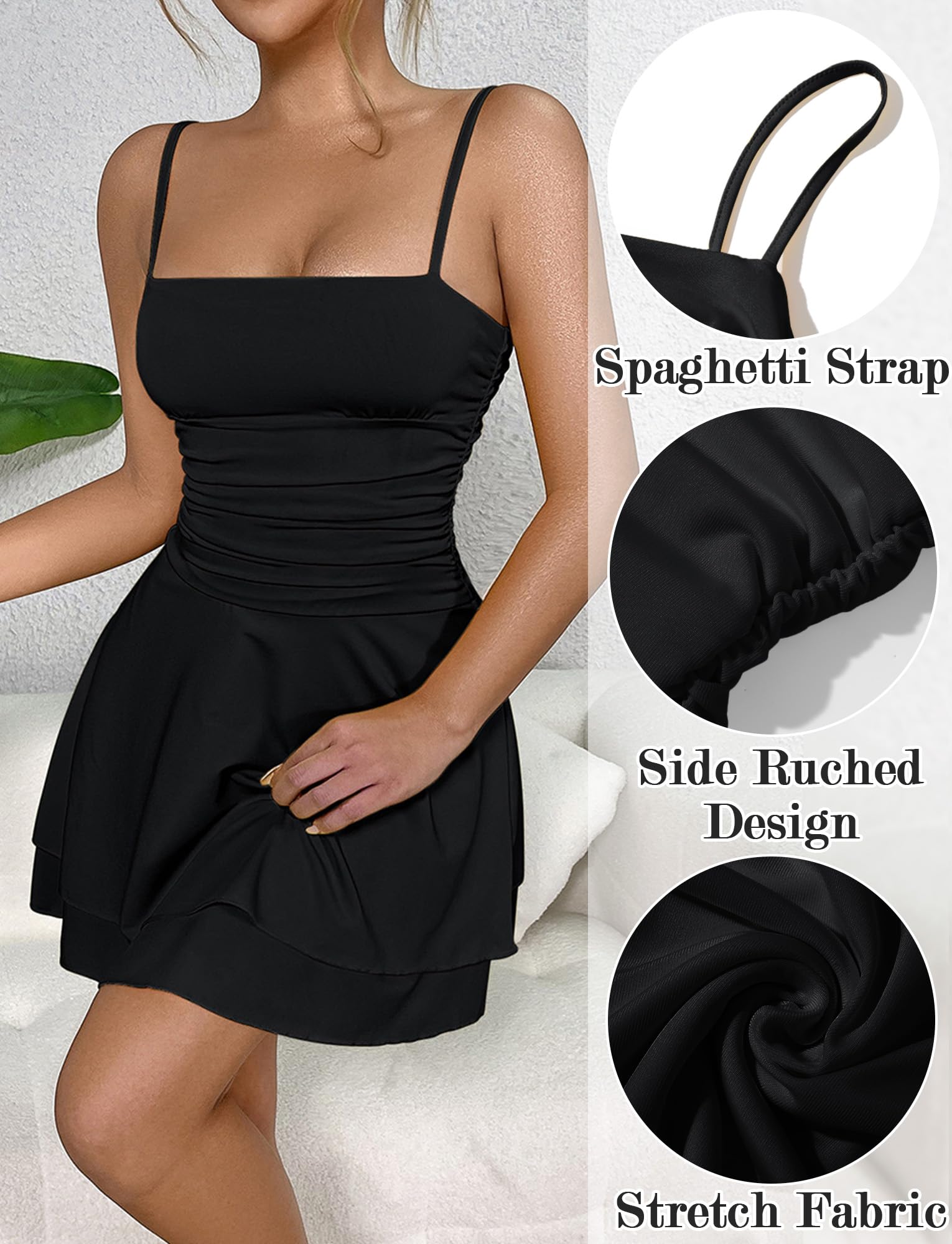 SEAUR Mini robe moulante à bretelles spaghetti pour femme avec fronces sexy dos nu et ourlet court à volants