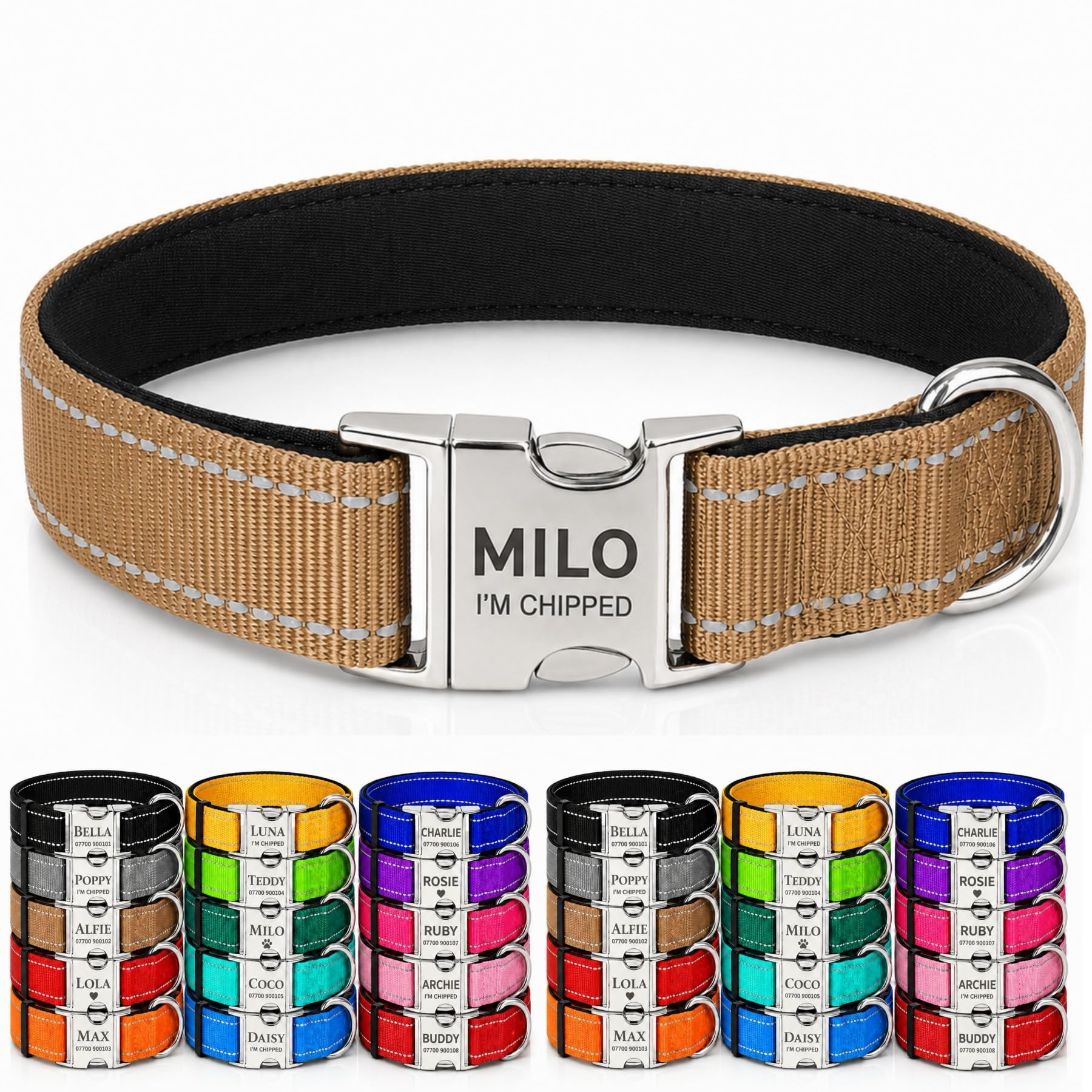 Personalised Pet Nylon Collar Custom Reflective Dog Collar Deeply Engraved In UK Name and Phone Number Adjustable Soft Collar Padded Collar For Small Medium Large Dogs Cats Sheep for Night Walking