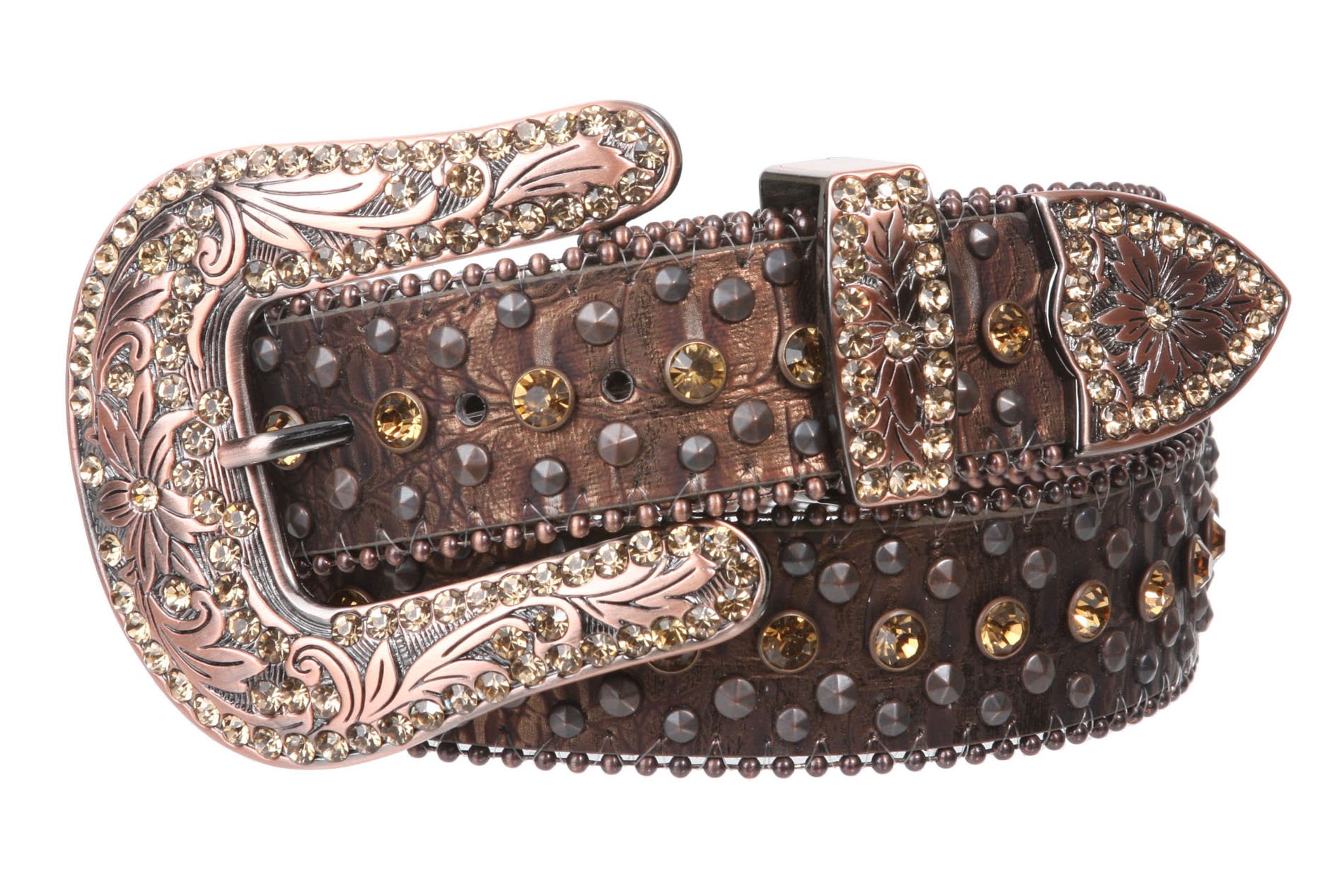 Western Cowgirl Faux Alligator Rhinestone Studded Leather Belt, Brown | 30