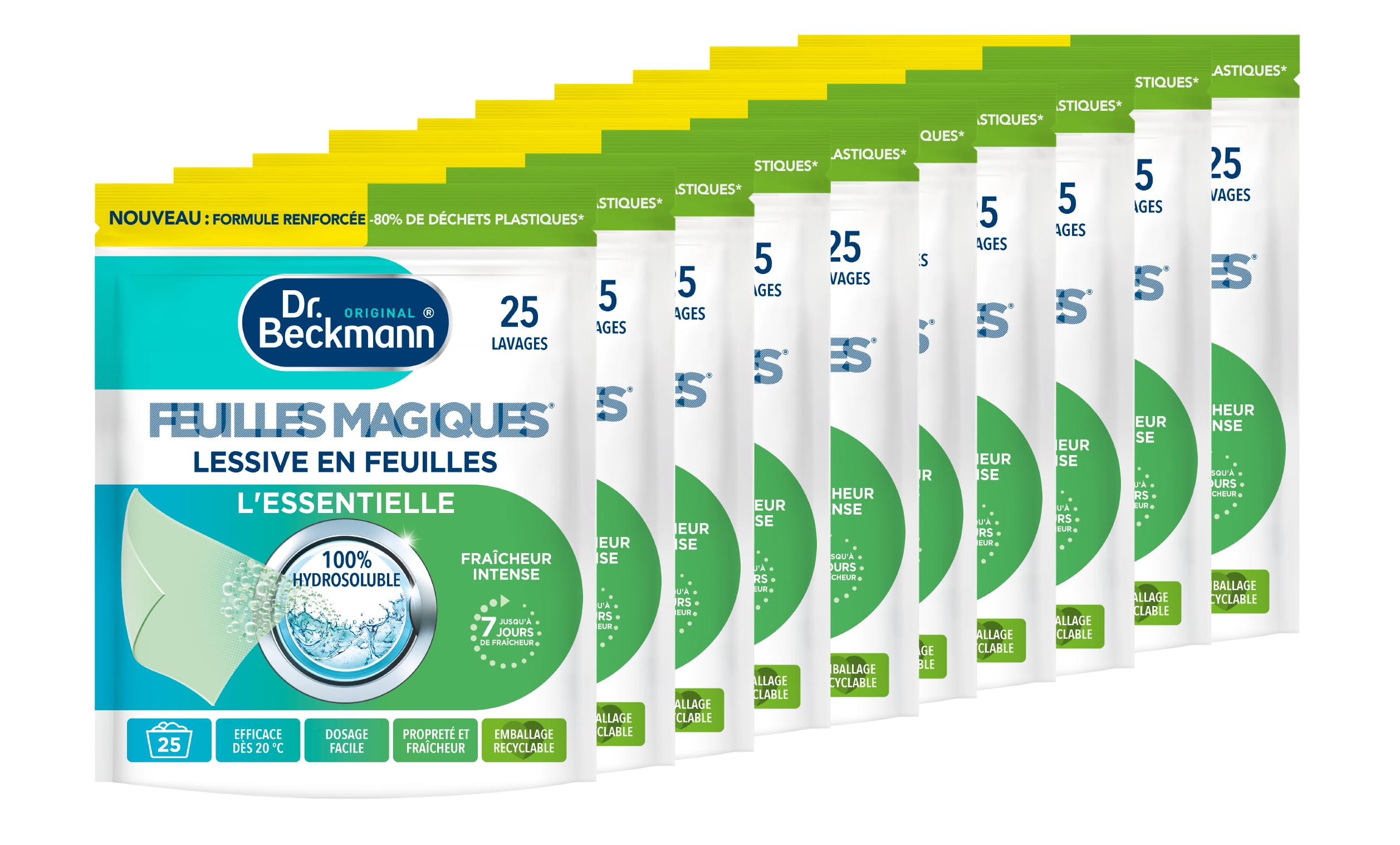 Dr. Beckmann - Feuilles Magiques Lessive L'ESSENTIELLE - Pré-dosées et Légères - 100% Hydrosoluble - 25 Feuilles Bergamote - Efficace et Pratique - Lot de 10