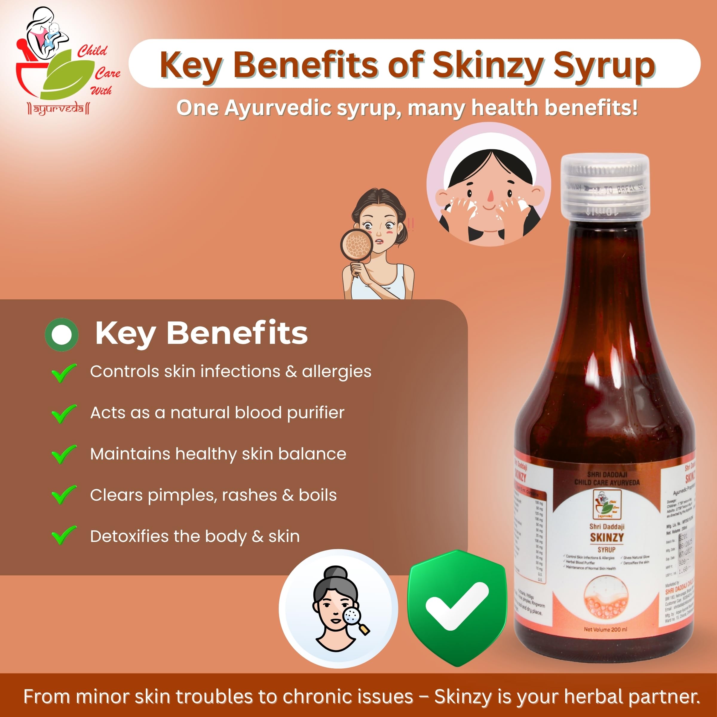Shri Daddaji Skinzy Ayurvedic Syrup for Healthy & Glowing Skin | Blood Purifier | Pimples, Acne, Allergies, Rashes, Fungal Infections Relief | 100% Herbal Formula – 200ml - Image 6 thumbnail