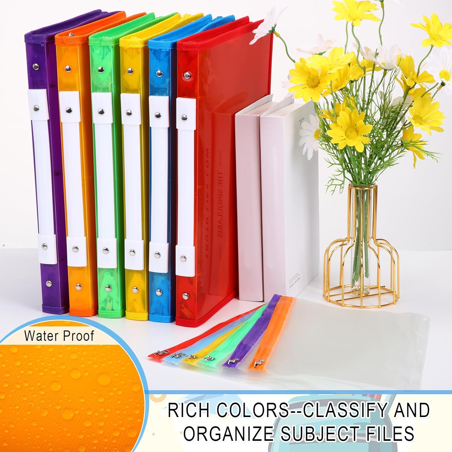 Fulmoon 6 Pack Plastic Zipper Binder, 1 Inch 3 Ring Binder with 2 Interior Pockets, 1 Plastic Movable Pencil Pouch, Expanding File Zippered Holds Us Letter Size 8.5''x11'' for Office (Colorful)