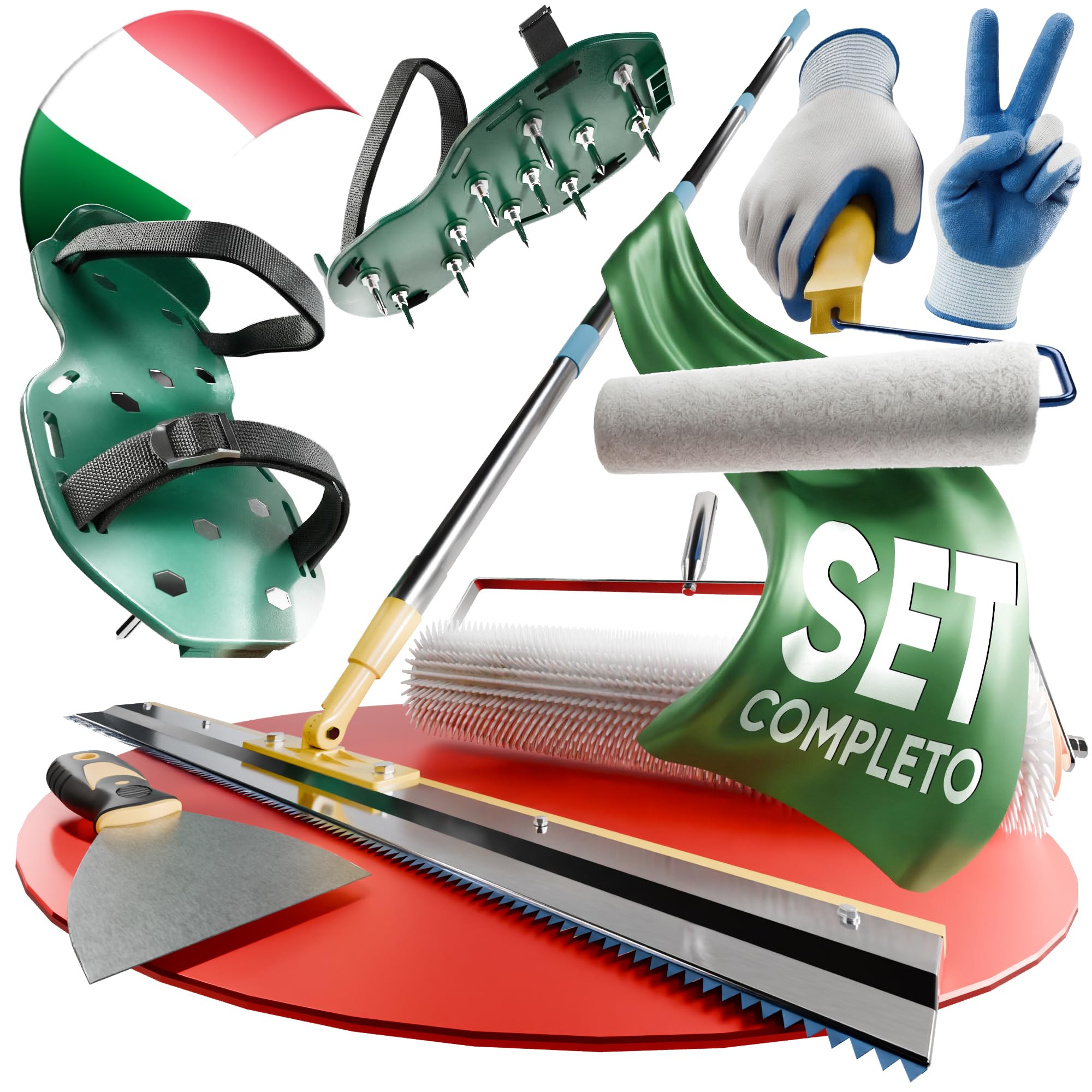 Kit Autolivellante per Pavimenti in Cemento | Include Rullo Frangibolle 11 mm, Spatola Autolivellante, Scarpe Chiodate per Prato, Asta Relescopica, Rulli, Spatola e Guanti