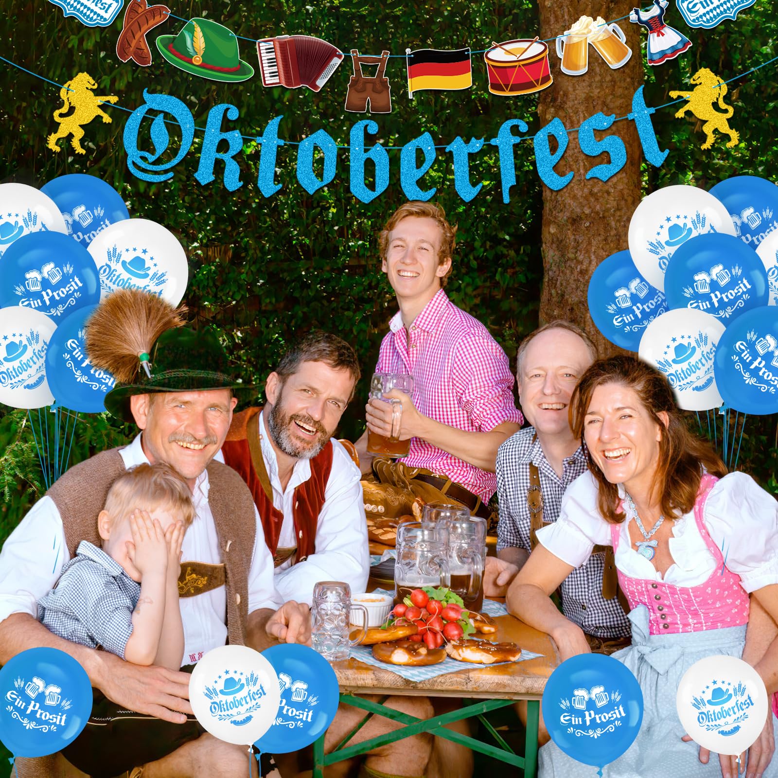 HONMOK Oktoberfest Banner Set Blau-Weiß - Bayrische Deko Mit Girlanden & Foto Requisiten