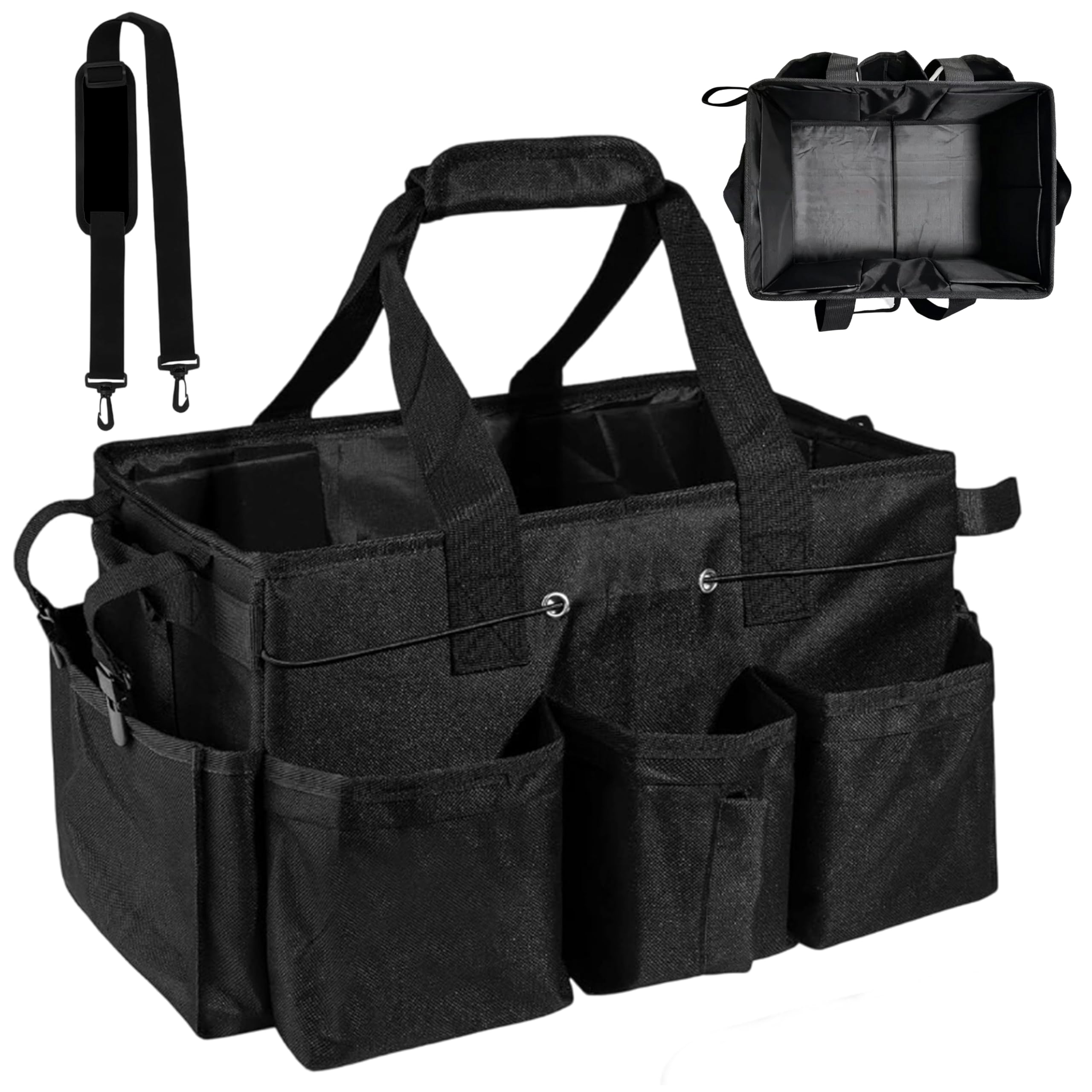 KEGOZ Cleaning Caddy Bag, Foldable Large Capacity Cleaning Bag with Handle & Detachable Thick Dividers, Oxford Cleaning Products Organiser, Multifunctional Cleaning Bags for Home, Car, Garden (Black)