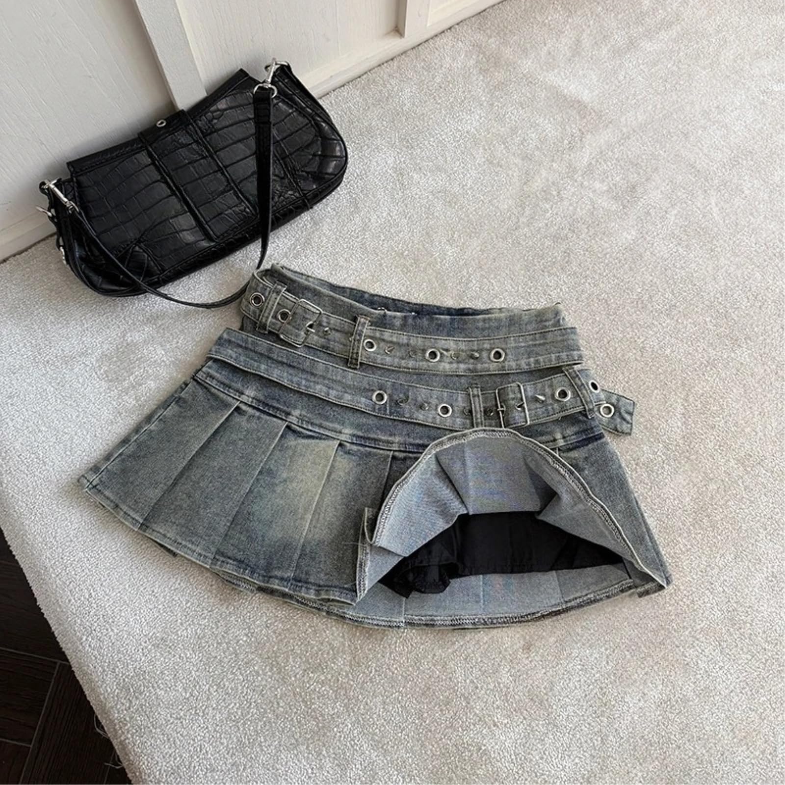 Minigonna Donna Doppia Cintura Rivetto Denim Piegato Mini Gonna Y2k Vintage A-Linea,-377 Blue-s