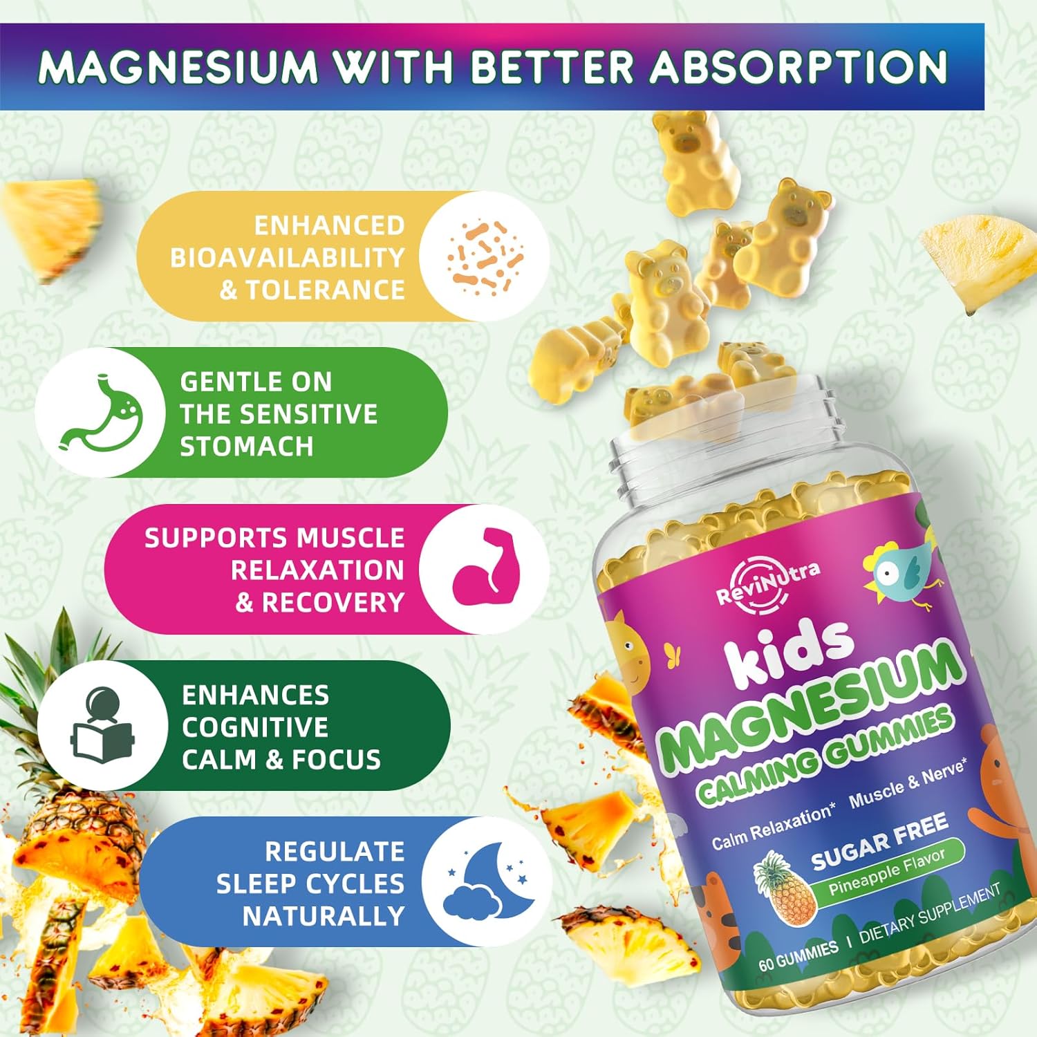 2 Pack Kids Magnesium Gummies, Magnesium Glycinate Gummies for Kids & Adults with L-Theanine, Chamomile, Licorice, Vitamin D, B6 for Sleep, Relaxation, Brain & Muscle, Sugar Free Pineapple