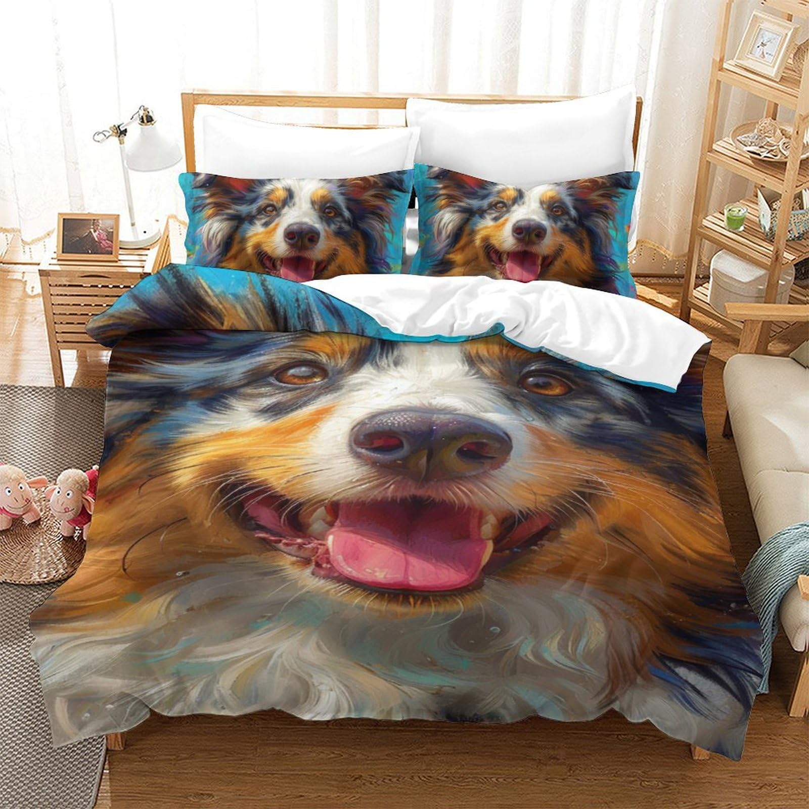Literie imprimé 3D Berger Australien déco chambre ado parure lit 140x200cm