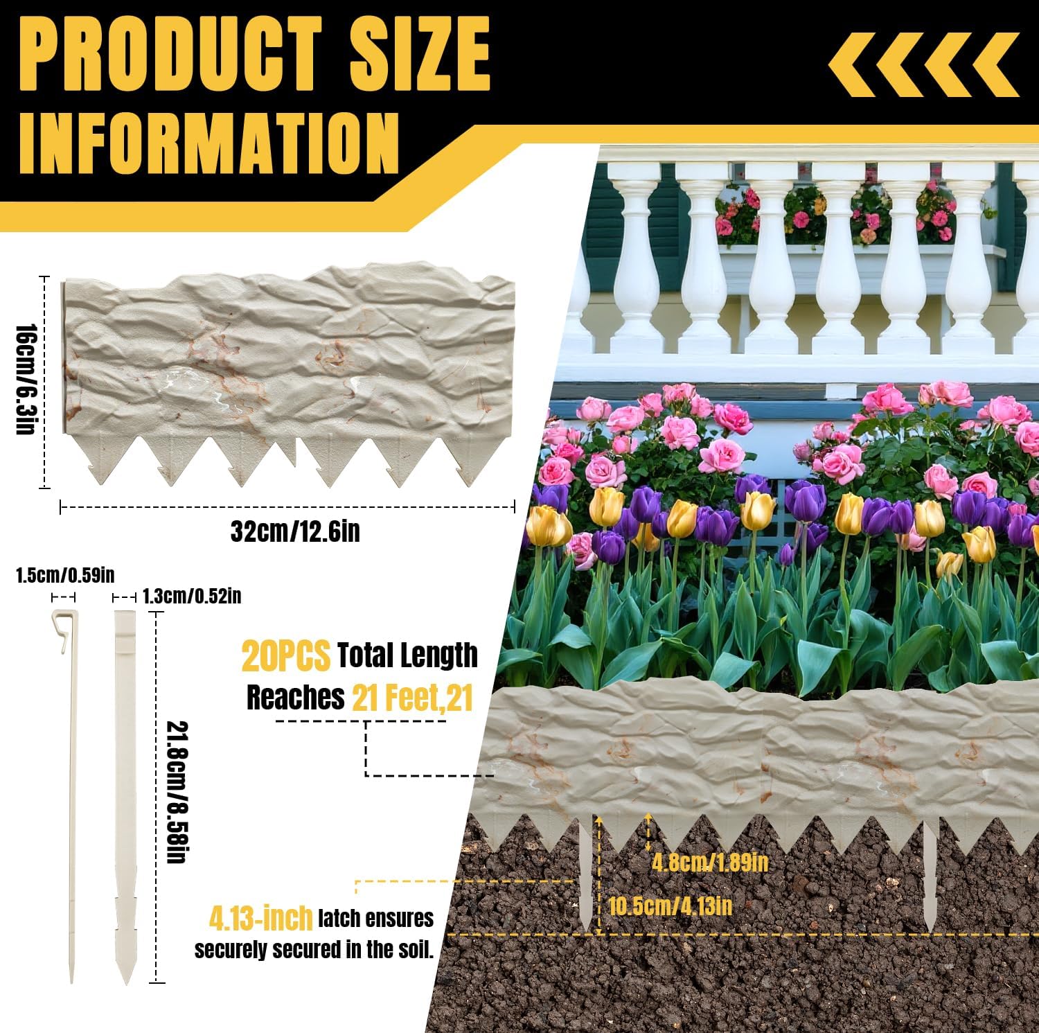 Garden Edging, 21FT Landscape Edging Kits with 20 Pcs Stakes, Plastic Edging Border Flexible for Garden Flower Beds Lawn Yard Pathway