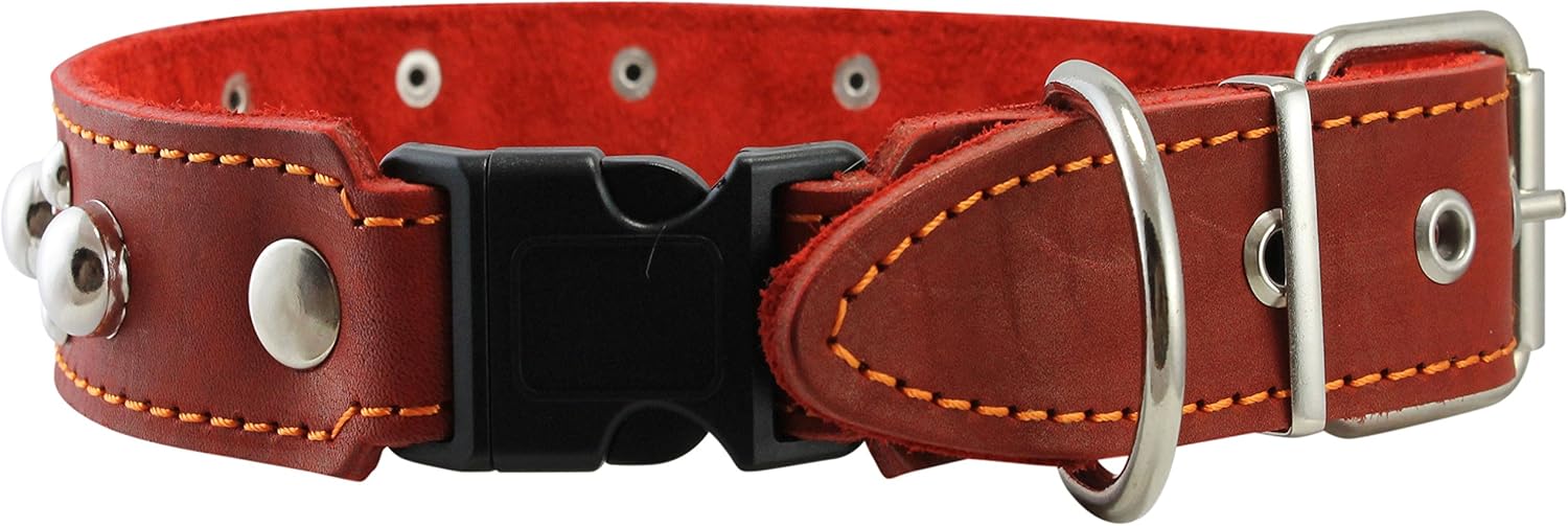 Red Genuine Leather Studded Dog Collar, Soft Suede Padded1.5 Wide. Fits 17"-20" Neck