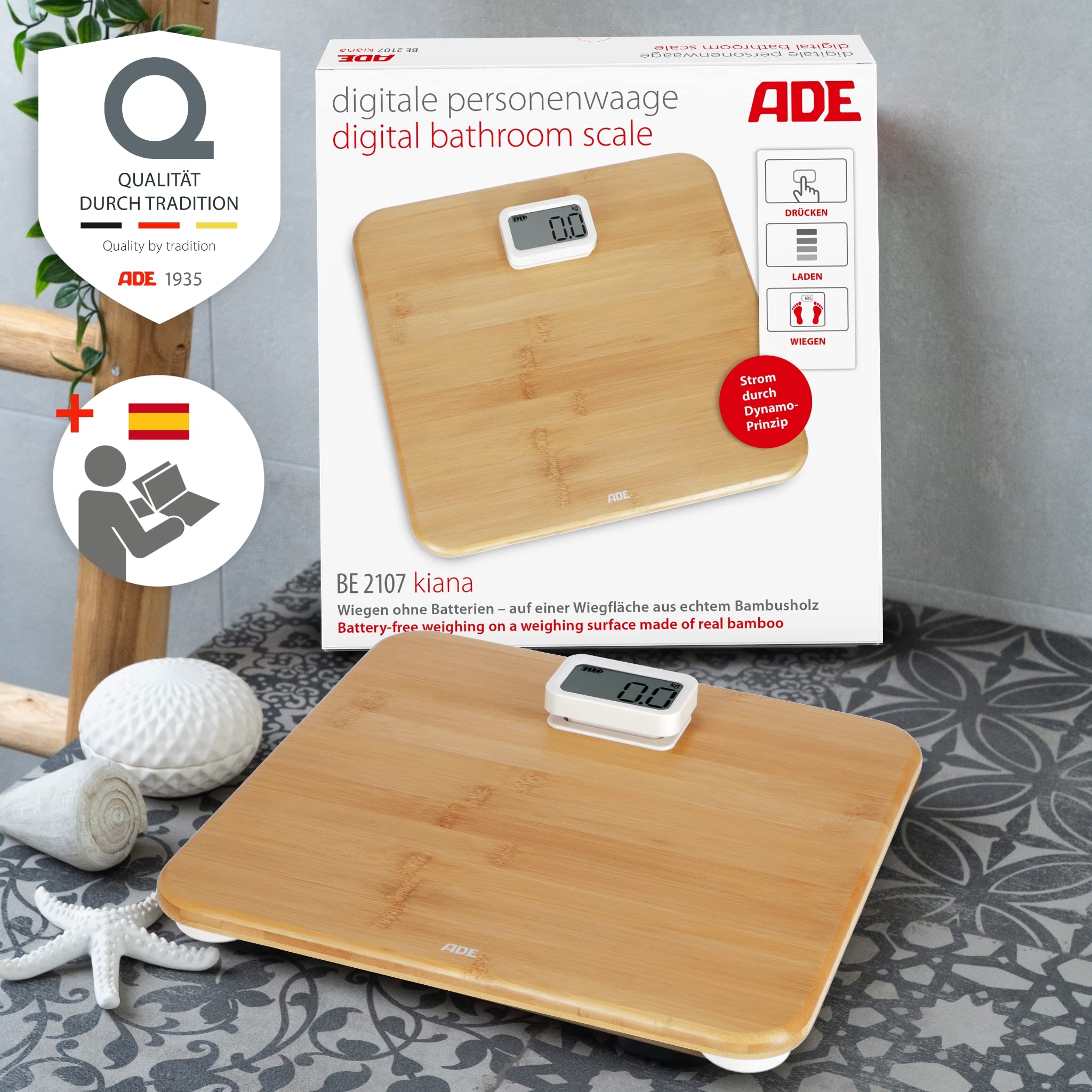 ADE Báscula corporal digital sin pilas | con dinamo respetuoso al medio ambiente | resultados de pesaje precisos en pasos de 100 g | superficie de pesaje de auténtica madera de bambú | hasta 150 kg