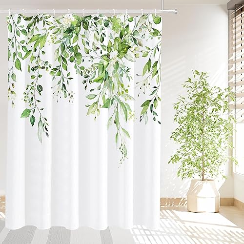 Vista 440 de Tititex - Juego de cortinas de ducha de eucalipto verde oliva, hojas de acuarela en la parte superior con decoración floral de baño, 60 x 72 Hojas