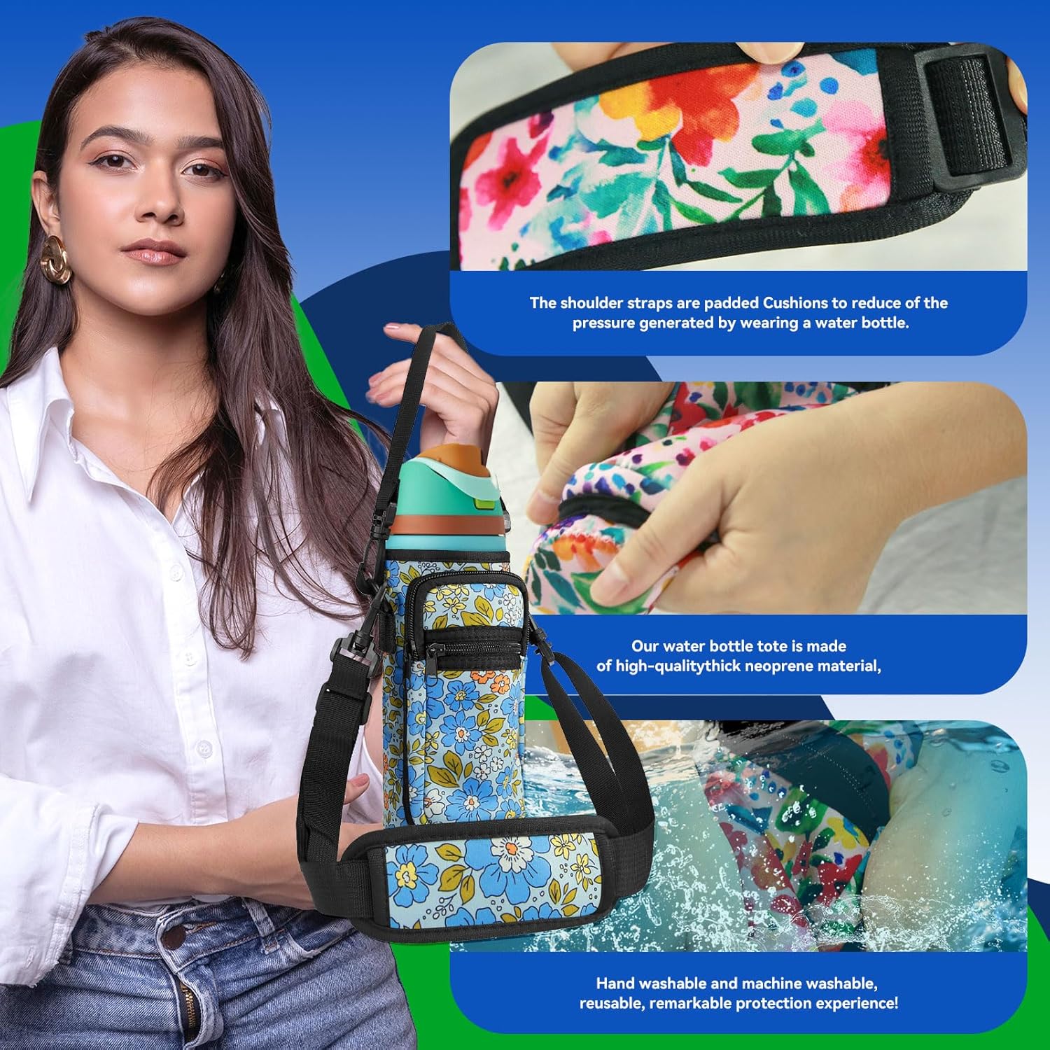 Neoprene Water Bottle Holder Bag with Cell Phone Pocket Compatible with Owala FreeSip 24 oz，Water Bottle Carrying Bag ，with Adjustable Shoulder Strap,for 24oz Stainless Steel Water Bottle - Image 4