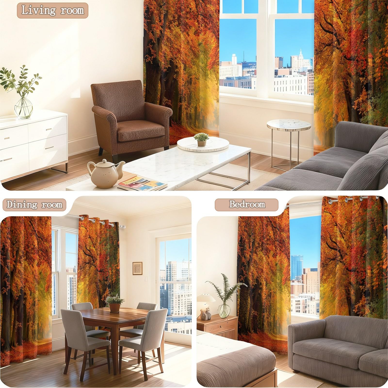 Bunt Blickdicht Vorhänge Wohnzimmer - Traditionell Herbst Landschaft Wald Laub Vorhänge mit Ösen Themovorhang Verdunkelungsvorhänge für Schlafzimmer Kinderzimmer, H215 x B110 cm 2er Set