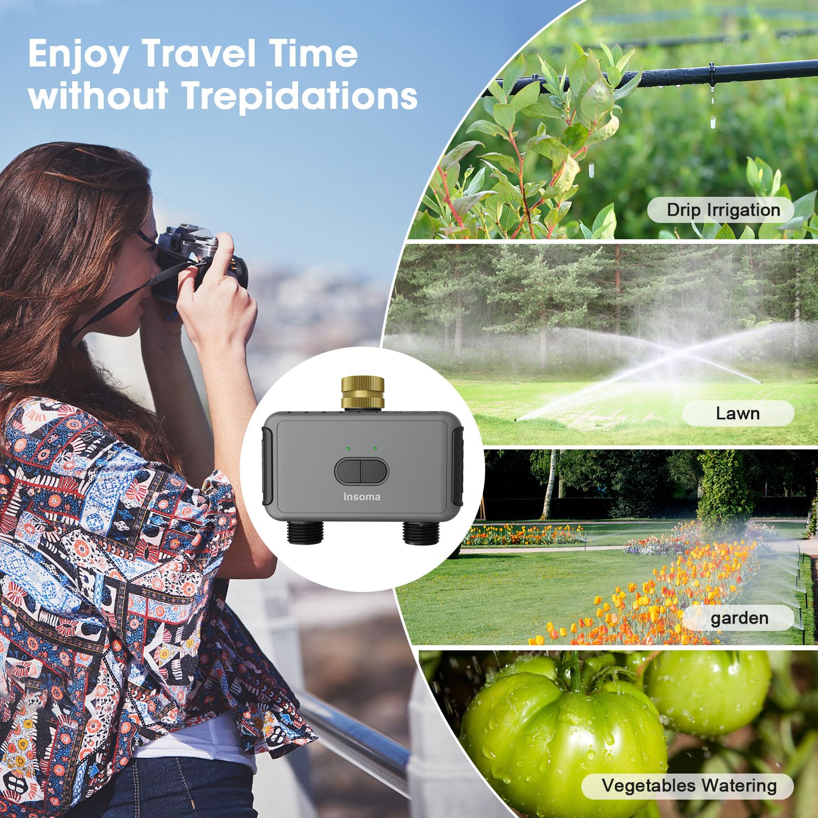 Timer intelligente per tubo flessibile con 2 uscite, controller automatico del sistema di irrigazione per prati, compatibile con ingresso Alexa grigio scuro in ottone e uscita in plastica (2 uscite)