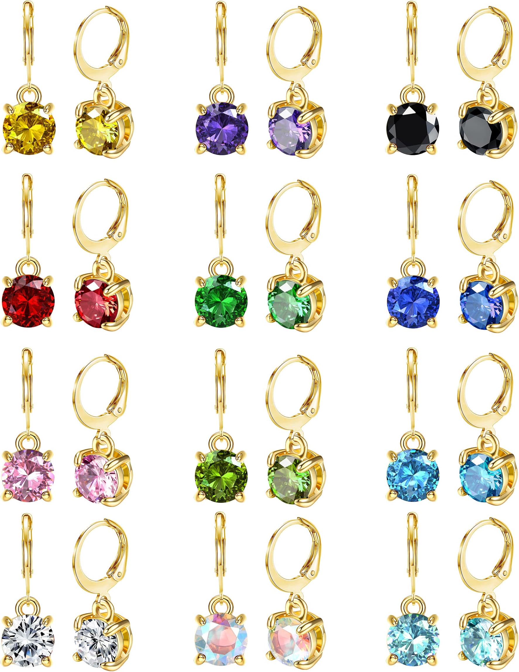 JOERICA 12 Pairs Leverback Earrings for Women Stainless Steel Dangle Hoop Earrings Set Multi Colored Birthstone Earrings 8mm Cubic Zirconia Fashion Jewelry