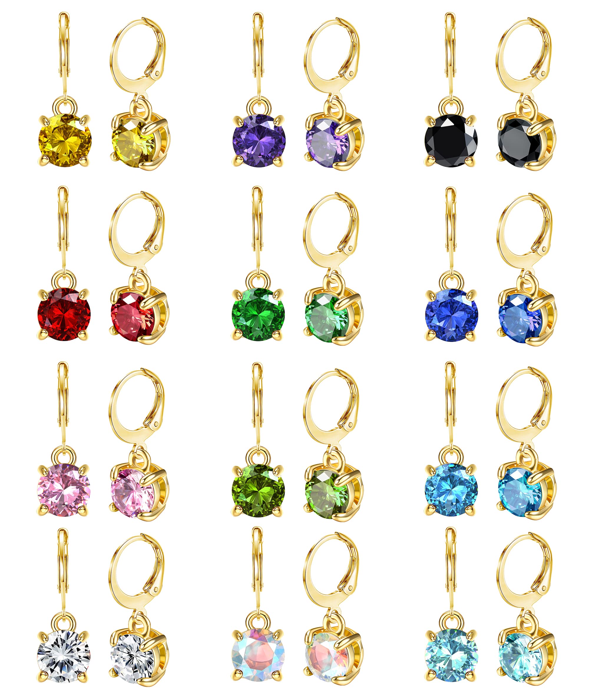 JOERICA 12 Pairs Leverback Earrings for Women Stainless Steel Dangle Hoop Earrings Set Multi Colored Birthstone Earrings 8mm Cubic Zirconia Fashion Jewelry