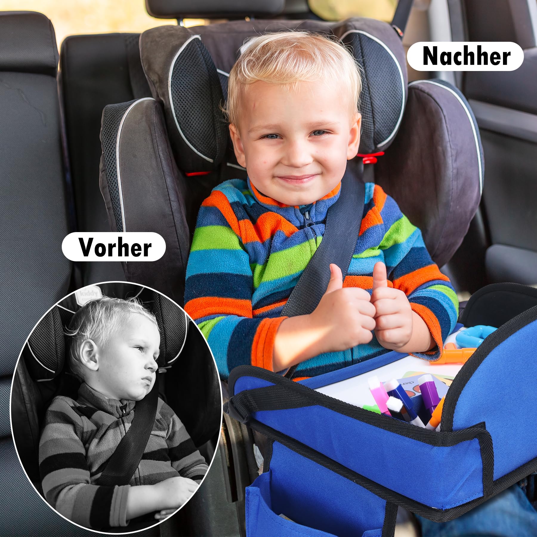 INFANZIA Table de voyage pour enfant - Plateau à genoux - Siège arrière avec crayons de couleur pour avion, train, voyage - Organiseur pliable