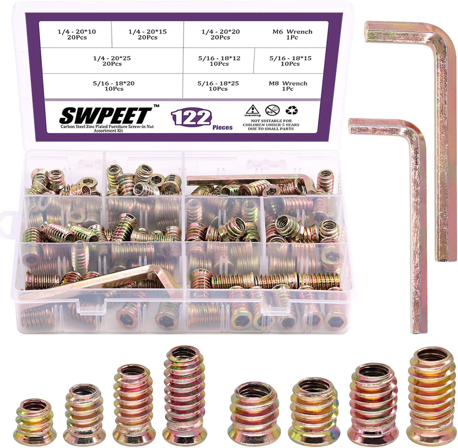 Swpeet 122Pcs Carbon Steel Color Zinc Plated Carbon Furniture Screw in Nut Threaded Wood Inserts Bolt Fastener Connector Hex Socket (1/4 + 5/16, Assortment Kit)
