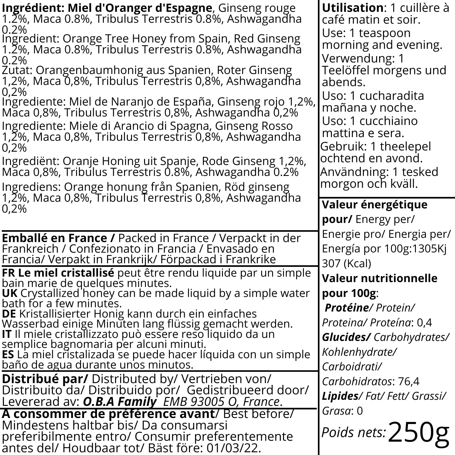 Miel Aphrodisiaque Puissant Ginseng Rouge, Maca, Tribulus, Ashwagandha | Énergie et Vitalité pour Homme et Femme | 100% Naturel | 250g | Miel Précieux