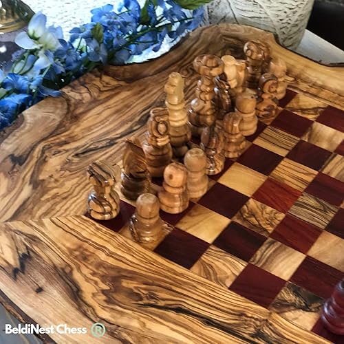 Miniatura 7 de Juego de ajedrez rústico de madera de olivo rojo - Edición de lujo - Juego de ajedrez de madera