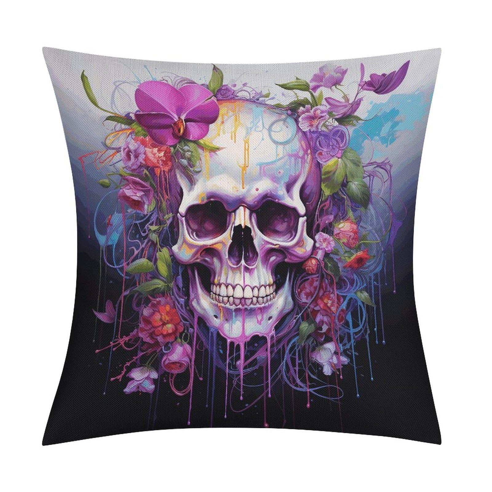 Fodpand Style Flowers And Skulls Pillow Covers 18X18 Inch, Pillow Cases Boho Farmhouse, Throw Pillow Covers For Couch Sofa Bed Spring Home Decor