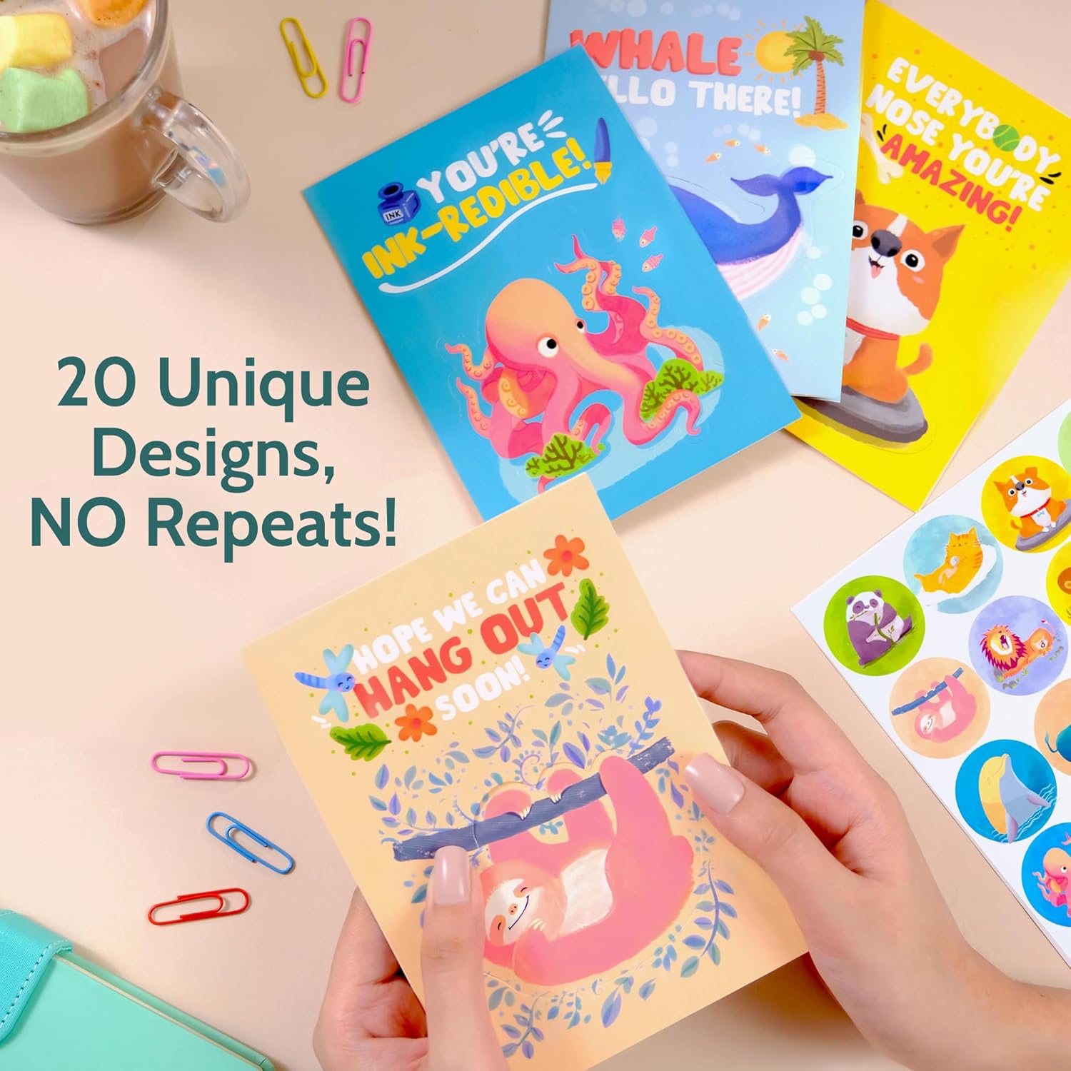 Animal Fun Fact Cards with Bookmarks - 20 Greeting Cards with Pop-Out Bookmark Mini Gifts - Punny, Funny Bulk Thinking of You Notecards for Kids, Grandkids, Teachers, Students, Friends, Family & More - Image 2