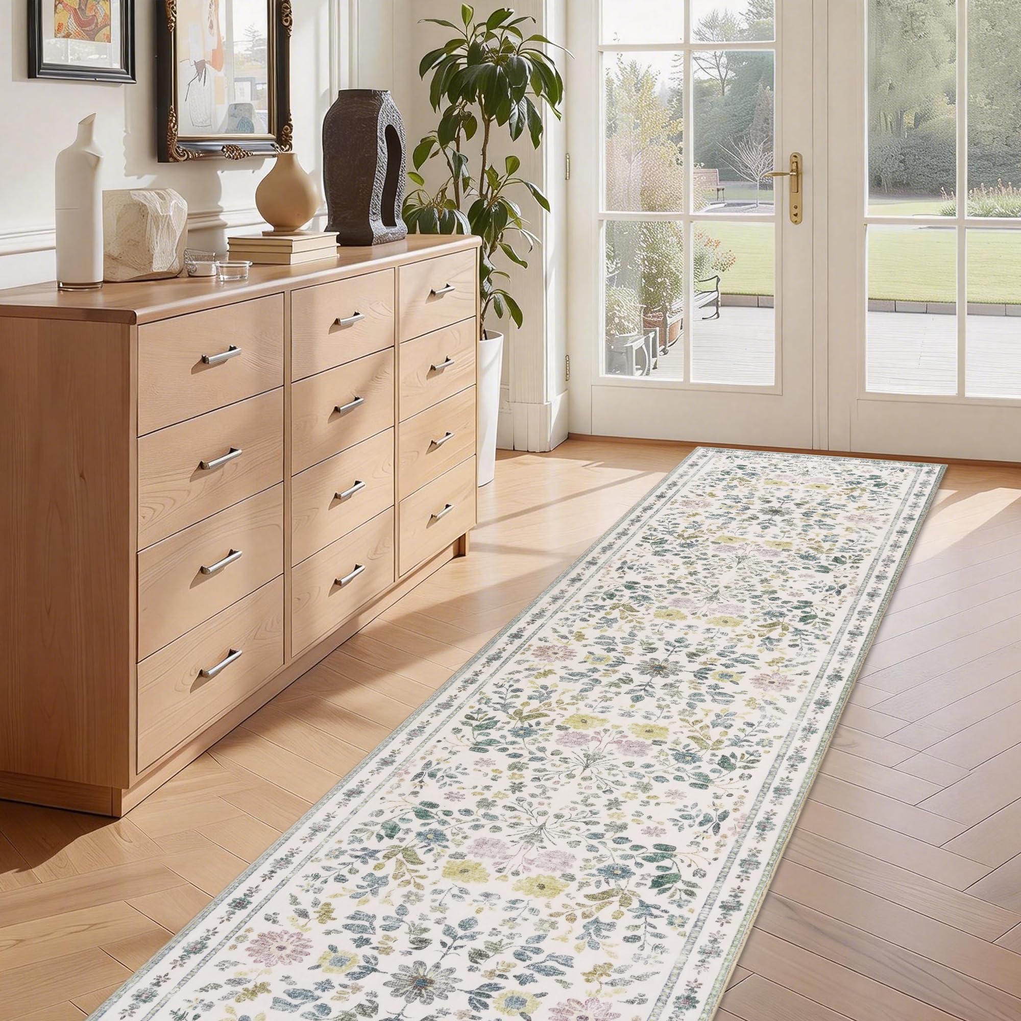 Homcomodar Beige Runner Rugs for Hallway 65x240cm Floral Vintage Boho Kitchen Runner Rug Non Slip Washable Low Pile Carpet Runners for Hallways Kitchen Entryway Bedroom Laundry