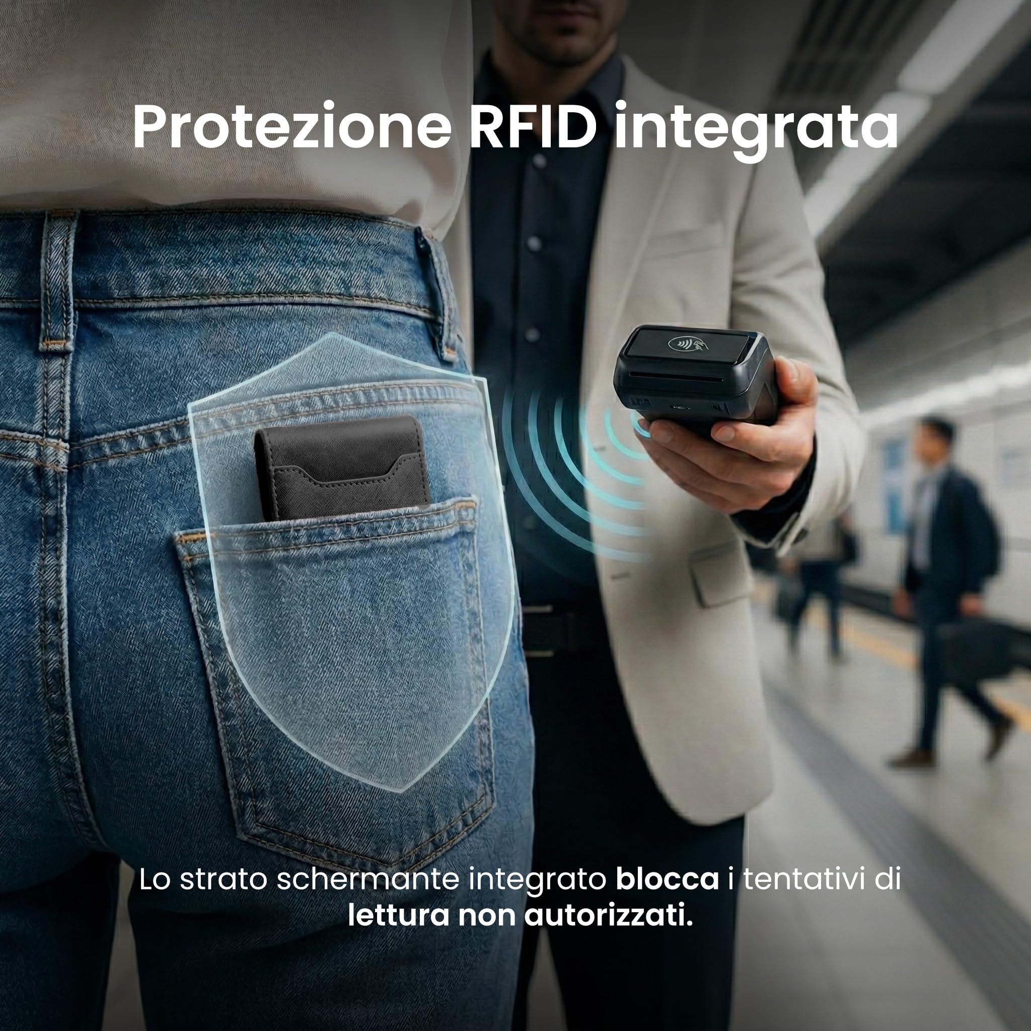 Porta Carte di Credito Schermato - Modello Deux - Fino a 7 Carte, Protezione RFID - Portacarte MagSafe Compatibile, Anello Magnetico Incluso - In Pelle Vegana (NERO)